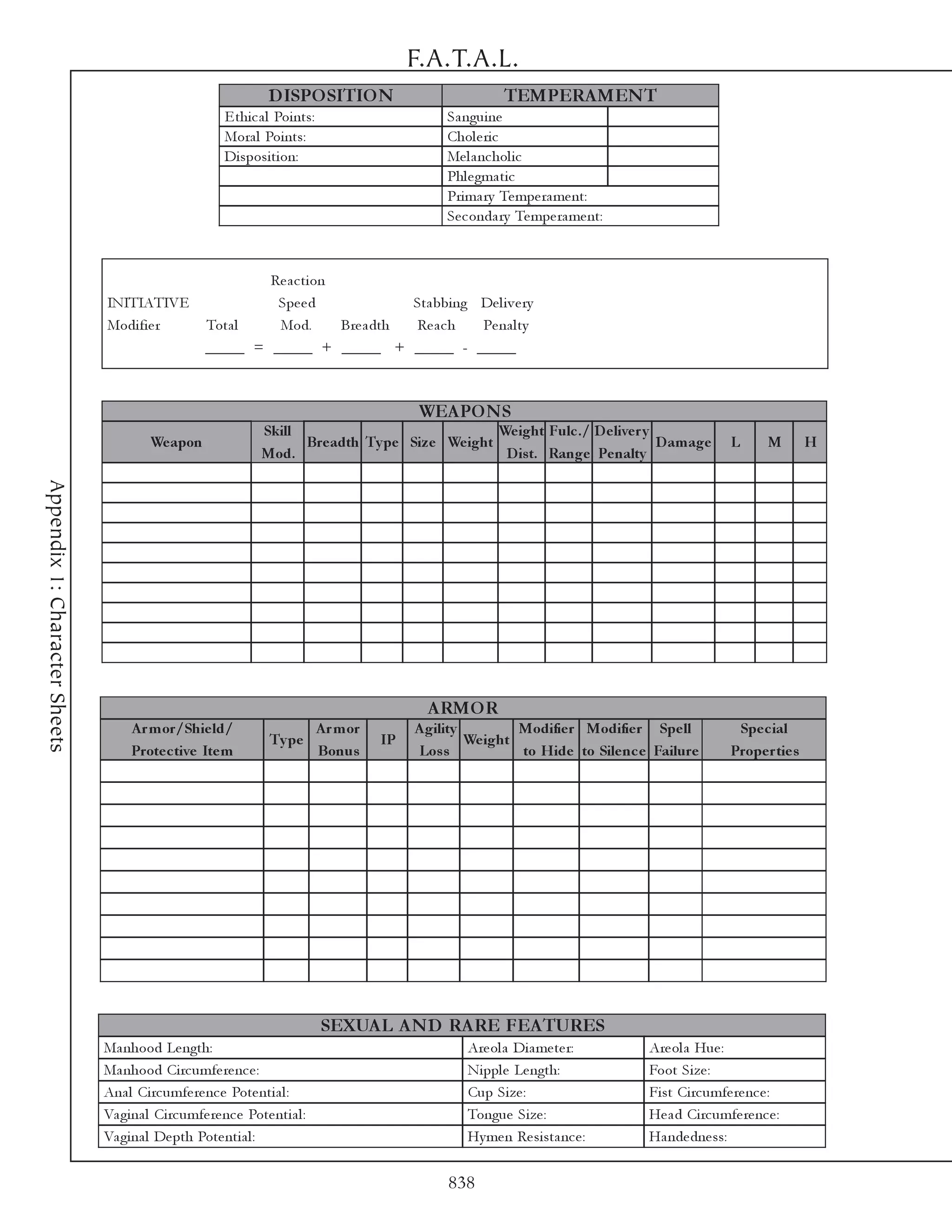 F.A.T.A.L.
                                                                  D ISPO SITIO N                          TEMPERA MEN T
                                                         E thi c a l Poi nts:                   Sa ngui ne
                                                         Mora l Poi nts:                        Chol e ri c
                                                         Di sposi ti on:                        Me l a nc hol i c
                                                                                                Phl e gma ti c
                                                                                                Pri ma ry Te mpe ra me nt:
                                                                                                Se c onda ry Te mpe ra me nt:



                                                             Re a c ti on
                               INITIATIVE                     Spe e d               Sta bbi ng De l i v e ry
                               Modi fi e r           Tota l   Mod.        Bre a dth Re a c h   Pe na l ty
                                                     _____ = _____ + _____ + _____ - _____



                                                                                            WEA PO N S
                                                                 Skill                              We ight Fulc ./ D e live r y
                                         We apon                       Bre adth Ty pe Siz e We ight                              D am ag e      L       M       H
                                                                 Mod.                                D is t. Range Pe nalty
Appendix 1: Character Sheets




                                                                                             A RMO R
                                    A r m or/Shie ld/                     A r m or         A gility         Modifie r Modifie r Spe ll           Spe c ial
                                                                   Ty p e             IP            We ight
                                    Prote c tive Ite m                    Bonus            Los s            to Hide to Sile nc e Failure        Prope r tie s




                                                                                SEXUA L A N D RA RE FEA TURES
                               Ma nhood Le ngth:                                                   Are ol a Di a me te r:       Are ol a Hue :
                               Ma nhood Ci rc umfe re nc e :                                       Ni ppl e Le ngth:            Foot Si ze :
                               Ana l Ci rc umfe re nc e Pote nti a l :                             Cup Si ze :                  Fi st Ci rc umfe re nc e :
                               Va gi na l Ci rc umfe re nc e Pote nti a l :                        Tongue Si ze :               He a d Ci rc umfe re nc e :
                               Va gi na l De pth Pote nti a l :                                    Hy me n Re si sta nc e :     Ha nde dne ss:


                                                                                                838
 
