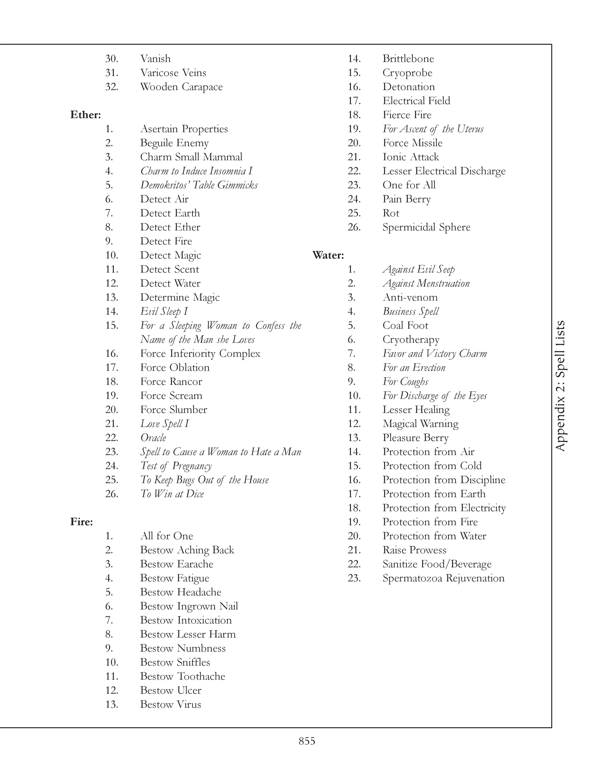 30.   Vanish                                      14.   Brittlebone
         31.   Varicose Veins                              15.   Cryoprobe
         32.   Wooden Carapace                             16.   Detonation
                                                           17.   Electrical Field
Ether:                                                     18.   Fierce Fire
         1.    Asertain Properties                         19.   For Ascent of the Uterus
         2.    Beguile Enemy                               20.   Force Missile
         3.    Charm Small Mammal                          21.   Ionic Attack
         4.    Charm to Induce Insomnia I                  22.   Lesser Electrical Discharge
         5.    Demokritos’ Table Gimmicks                  23.   One for All
         6.    Detect Air                                  24.   Pain Berry
         7.    Detect Earth                                25.   Rot
         8.    Detect Ether                                26.   Spermicidal Sphere
         9.    Detect Fire
         10.   Detect Magic                         Water:
         11.   Detect Scent                                1.    Against Evil Seep
         12.   Detect Water                                2.    Against Menstruation
         13.   Determine Magic                             3.    Anti-venom
         14.   Evil Sleep I                                4.    Business Spell




                                                                                               Appendix 2: Spell Lists
         15.   For a Sleeping Woman to Confess the         5.    Coal Foot
               Name of the Man she Loves                   6.    Cryotherapy
         16.   Force Inferiority Complex                   7.    Favor and Victory Charm
         17.   Force Oblation                              8.    For an Erection
         18.   Force Rancor                                9.    For Coughs
         19.   Force Scream                                10.   For Discharge of the Eyes
         20.   Force Slumber                               11.   Lesser Healing
         21.   Love Spell I                                12.   Magical Warning
         22.   Oracle                                      13.   Pleasure Berry
         23.   Spell to Cause a Woman to Hate a Man        14.   Protection from Air
         24.   Test of Pregnancy                           15.   Protection from Cold
         25.   To Keep Bugs Out of the House               16.   Protection from Discipline
         26.   To Win at Dice                              17.   Protection from Earth
                                                           18.   Protection from Electricity
Fire:                                                      19.   Protection from Fire
         1.    All for One                                 20.   Protection from Water
         2.    Bestow Aching Back                          21.   Raise Prowess
         3.    Bestow Earache                              22.   Sanitize Food/Beverage
         4.    Bestow Fatigue                              23.   Spermatozoa Rejuvenation
         5.    Bestow Headache
         6.    Bestow Ingrown Nail
         7.    Bestow Intoxication
         8.    Bestow Lesser Harm
         9.    Bestow Numbness
         10.   Bestow Sniffles
         11.   Bestow Toothache
         12.   Bestow Ulcer
         13.   Bestow Virus


                                                855
 