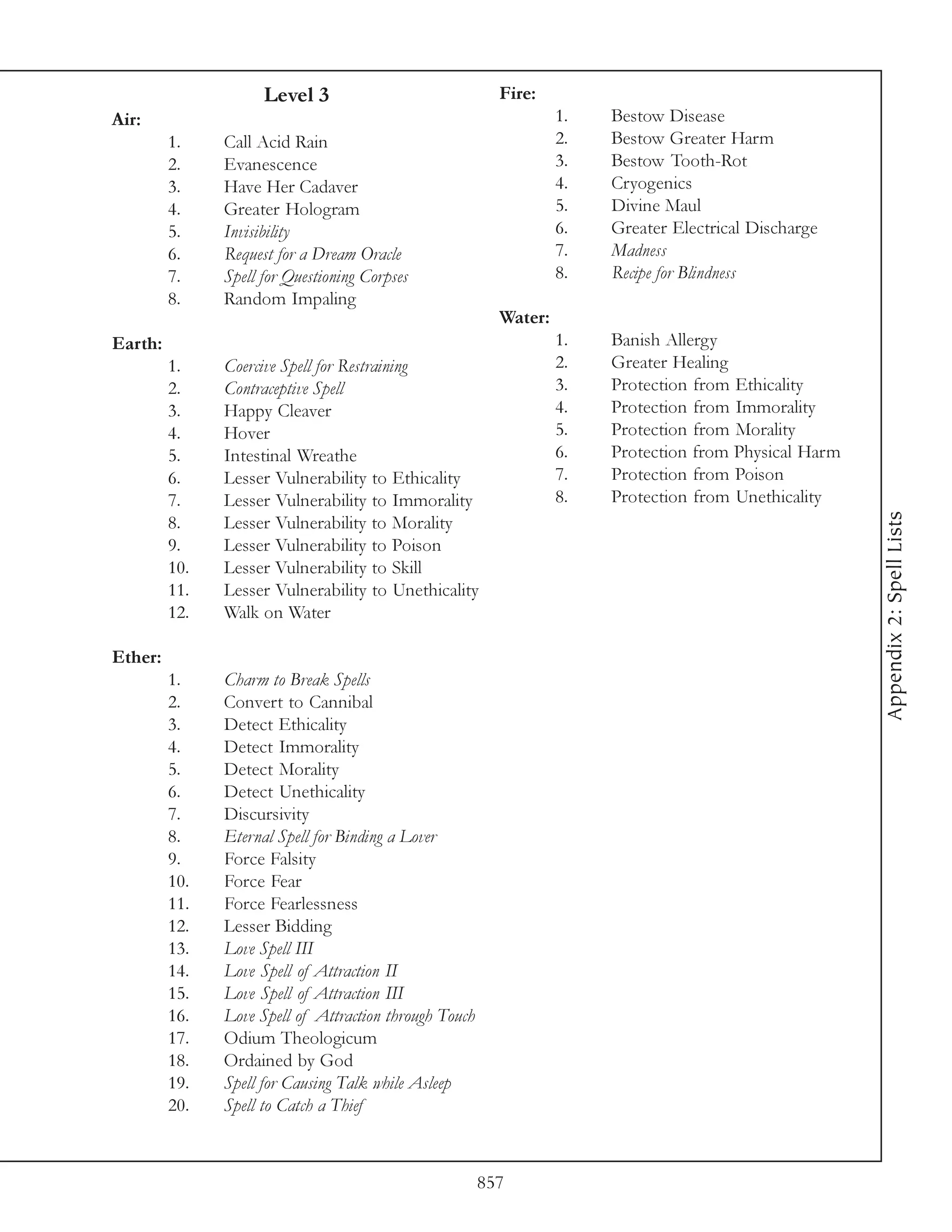 Level 3                              Fire:
Air:                                                               1.   Bestow Disease
         1.    Call Acid Rain                                      2.   Bestow Greater Harm
         2.    Evanescence                                         3.   Bestow Tooth-Rot
         3.    Have Her Cadaver                                    4.   Cryogenics
         4.    Greater Hologram                                    5.   Divine Maul
         5.    Invisibility                                        6.   Greater Electrical Discharge
         6.    Request for a Dream Oracle                          7.   Madness
         7.    Spell for Questioning Corpses                       8.   Recipe for Blindness
         8.    Random Impaling
                                                          Water:
Earth:                                                             1.   Banish Allergy
         1.    Coercive Spell for Restraining                      2.   Greater Healing
         2.    Contraceptive Spell                                 3.   Protection from Ethicality
         3.    Happy Cleaver                                       4.   Protection from Immorality
         4.    Hover                                               5.   Protection from Morality
         5.    Intestinal Wreathe                                  6.   Protection from Physical Harm
         6.    Lesser Vulnerability to Ethicality                  7.   Protection from Poison
         7.    Lesser Vulnerability to Immorality                  8.   Protection from Unethicality




                                                                                                        Appendix 2: Spell Lists
         8.    Lesser Vulnerability to Morality
         9.    Lesser Vulnerability to Poison
         10.   Lesser Vulnerability to Skill
         11.   Lesser Vulnerability to Unethicality
         12.   Walk on Water

Ether:
         1.    Charm to Break Spells
         2.    Convert to Cannibal
         3.    Detect Ethicality
         4.    Detect Immorality
         5.    Detect Morality
         6.    Detect Unethicality
         7.    Discursivity
         8.    Eternal Spell for Binding a Lover
         9.    Force Falsity
         10.   Force Fear
         11.   Force Fearlessness
         12.   Lesser Bidding
         13.   Love Spell III
         14.   Love Spell of Attraction II
         15.   Love Spell of Attraction III
         16.   Love Spell of Attraction through Touch
         17.   Odium Theologicum
         18.   Ordained by God
         19.   Spell for Causing Talk while Asleep
         20.   Spell to Catch a Thief



                                                        857
 