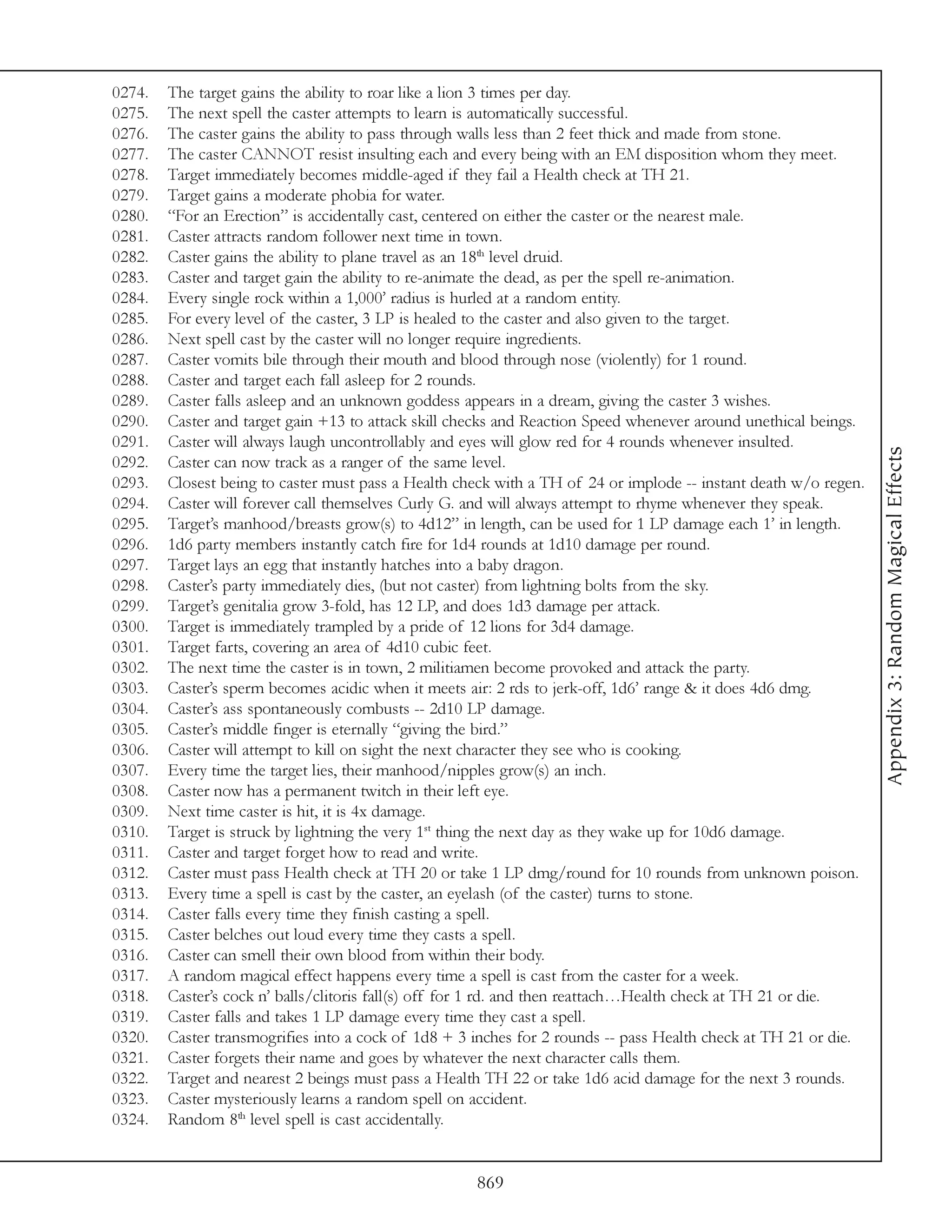 0274.   The target gains the ability to roar like a lion 3 times per day.
0275.   The next spell the caster attempts to learn is automatically successful.
0276.   The caster gains the ability to pass through walls less than 2 feet thick and made from stone.
0277.   The caster CANNOT resist insulting each and every being with an EM disposition whom they meet.
0278.   Target immediately becomes middle-aged if they fail a Health check at TH 21.
0279.   Target gains a moderate phobia for water.
0280.   “For an Erection” is accidentally cast, centered on either the caster or the nearest male.
0281.   Caster attracts random follower next time in town.
0282.   Caster gains the ability to plane travel as an 18th level druid.
0283.   Caster and target gain the ability to re-animate the dead, as per the spell re-animation.
0284.   Every single rock within a 1,000’ radius is hurled at a random entity.
0285.   For every level of the caster, 3 LP is healed to the caster and also given to the target.
0286.   Next spell cast by the caster will no longer require ingredients.
0287.   Caster vomits bile through their mouth and blood through nose (violently) for 1 round.
0288.   Caster and target each fall asleep for 2 rounds.
0289.   Caster falls asleep and an unknown goddess appears in a dream, giving the caster 3 wishes.
0290.   Caster and target gain +13 to attack skill checks and Reaction Speed whenever around unethical beings.
0291.   Caster will always laugh uncontrollably and eyes will glow red for 4 rounds whenever insulted.




                                                                                                                  Appendix 3: Random Magical Effects
0292.   Caster can now track as a ranger of the same level.
0293.   Closest being to caster must pass a Health check with a TH of 24 or implode -- instant death w/o regen.
0294.   Caster will forever call themselves Curly G. and will always attempt to rhyme whenever they speak.
0295.   Target’s manhood/breasts grow(s) to 4d12” in length, can be used for 1 LP damage each 1’ in length.
0296.   1d6 party members instantly catch fire for 1d4 rounds at 1d10 damage per round.
0297.   Target lays an egg that instantly hatches into a baby dragon.
0298.   Caster’s party immediately dies, (but not caster) from lightning bolts from the sky.
0299.   Target’s genitalia grow 3-fold, has 12 LP, and does 1d3 damage per attack.
0300.   Target is immediately trampled by a pride of 12 lions for 3d4 damage.
0301.   Target farts, covering an area of 4d10 cubic feet.
0302.   The next time the caster is in town, 2 militiamen become provoked and attack the party.
0303.   Caster’s sperm becomes acidic when it meets air: 2 rds to jerk-off, 1d6’ range & it does 4d6 dmg.
0304.   Caster’s ass spontaneously combusts -- 2d10 LP damage.
0305.   Caster’s middle finger is eternally “giving the bird.”
0306.   Caster will attempt to kill on sight the next character they see who is cooking.
0307.   Every time the target lies, their manhood/nipples grow(s) an inch.
0308.   Caster now has a permanent twitch in their left eye.
0309.   Next time caster is hit, it is 4x damage.
0310.   Target is struck by lightning the very 1st thing the next day as they wake up for 10d6 damage.
0311.   Caster and target forget how to read and write.
0312.   Caster must pass Health check at TH 20 or take 1 LP dmg/round for 10 rounds from unknown poison.
0313.   Every time a spell is cast by the caster, an eyelash (of the caster) turns to stone.
0314.   Caster falls every time they finish casting a spell.
0315.   Caster belches out loud every time they casts a spell.
0316.   Caster can smell their own blood from within their body.
0317.   A random magical effect happens every time a spell is cast from the caster for a week.
0318.   Caster’s cock n’ balls/clitoris fall(s) off for 1 rd. and then reattach…Health check at TH 21 or die.
0319.   Caster falls and takes 1 LP damage every time they cast a spell.
0320.   Caster transmogrifies into a cock of 1d8 + 3 inches for 2 rounds -- pass Health check at TH 21 or die.
0321.   Caster forgets their name and goes by whatever the next character calls them.
0322.   Target and nearest 2 beings must pass a Health TH 22 or take 1d6 acid damage for the next 3 rounds.
0323.   Caster mysteriously learns a random spell on accident.
0324.   Random 8th level spell is cast accidentally.


                                                     869
 