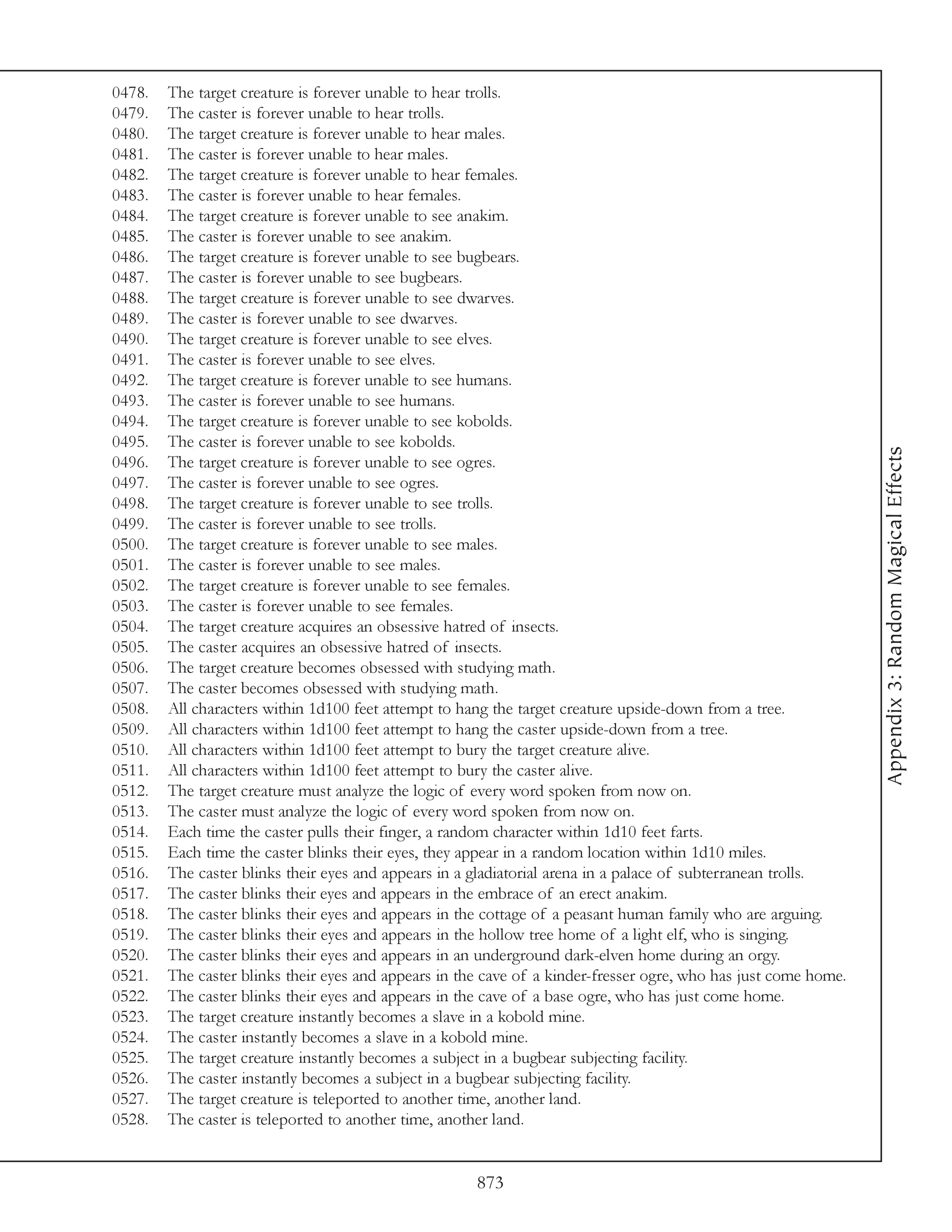 0478.   The target creature is forever unable to hear trolls.
0479.   The caster is forever unable to hear trolls.
0480.   The target creature is forever unable to hear males.
0481.   The caster is forever unable to hear males.
0482.   The target creature is forever unable to hear females.
0483.   The caster is forever unable to hear females.
0484.   The target creature is forever unable to see anakim.
0485.   The caster is forever unable to see anakim.
0486.   The target creature is forever unable to see bugbears.
0487.   The caster is forever unable to see bugbears.
0488.   The target creature is forever unable to see dwarves.
0489.   The caster is forever unable to see dwarves.
0490.   The target creature is forever unable to see elves.
0491.   The caster is forever unable to see elves.
0492.   The target creature is forever unable to see humans.
0493.   The caster is forever unable to see humans.
0494.   The target creature is forever unable to see kobolds.
0495.   The caster is forever unable to see kobolds.




                                                                                                                 Appendix 3: Random Magical Effects
0496.   The target creature is forever unable to see ogres.
0497.   The caster is forever unable to see ogres.
0498.   The target creature is forever unable to see trolls.
0499.   The caster is forever unable to see trolls.
0500.   The target creature is forever unable to see males.
0501.   The caster is forever unable to see males.
0502.   The target creature is forever unable to see females.
0503.   The caster is forever unable to see females.
0504.   The target creature acquires an obsessive hatred of insects.
0505.   The caster acquires an obsessive hatred of insects.
0506.   The target creature becomes obsessed with studying math.
0507.   The caster becomes obsessed with studying math.
0508.   All characters within 1d100 feet attempt to hang the target creature upside-down from a tree.
0509.   All characters within 1d100 feet attempt to hang the caster upside-down from a tree.
0510.   All characters within 1d100 feet attempt to bury the target creature alive.
0511.   All characters within 1d100 feet attempt to bury the caster alive.
0512.   The target creature must analyze the logic of every word spoken from now on.
0513.   The caster must analyze the logic of every word spoken from now on.
0514.   Each time the caster pulls their finger, a random character within 1d10 feet farts.
0515.   Each time the caster blinks their eyes, they appear in a random location within 1d10 miles.
0516.   The caster blinks their eyes and appears in a gladiatorial arena in a palace of subterranean trolls.
0517.   The caster blinks their eyes and appears in the embrace of an erect anakim.
0518.   The caster blinks their eyes and appears in the cottage of a peasant human family who are arguing.
0519.   The caster blinks their eyes and appears in the hollow tree home of a light elf, who is singing.
0520.   The caster blinks their eyes and appears in an underground dark-elven home during an orgy.
0521.   The caster blinks their eyes and appears in the cave of a kinder-fresser ogre, who has just come home.
0522.   The caster blinks their eyes and appears in the cave of a base ogre, who has just come home.
0523.   The target creature instantly becomes a slave in a kobold mine.
0524.   The caster instantly becomes a slave in a kobold mine.
0525.   The target creature instantly becomes a subject in a bugbear subjecting facility.
0526.   The caster instantly becomes a subject in a bugbear subjecting facility.
0527.   The target creature is teleported to another time, another land.
0528.   The caster is teleported to another time, another land.


                                                      873
 