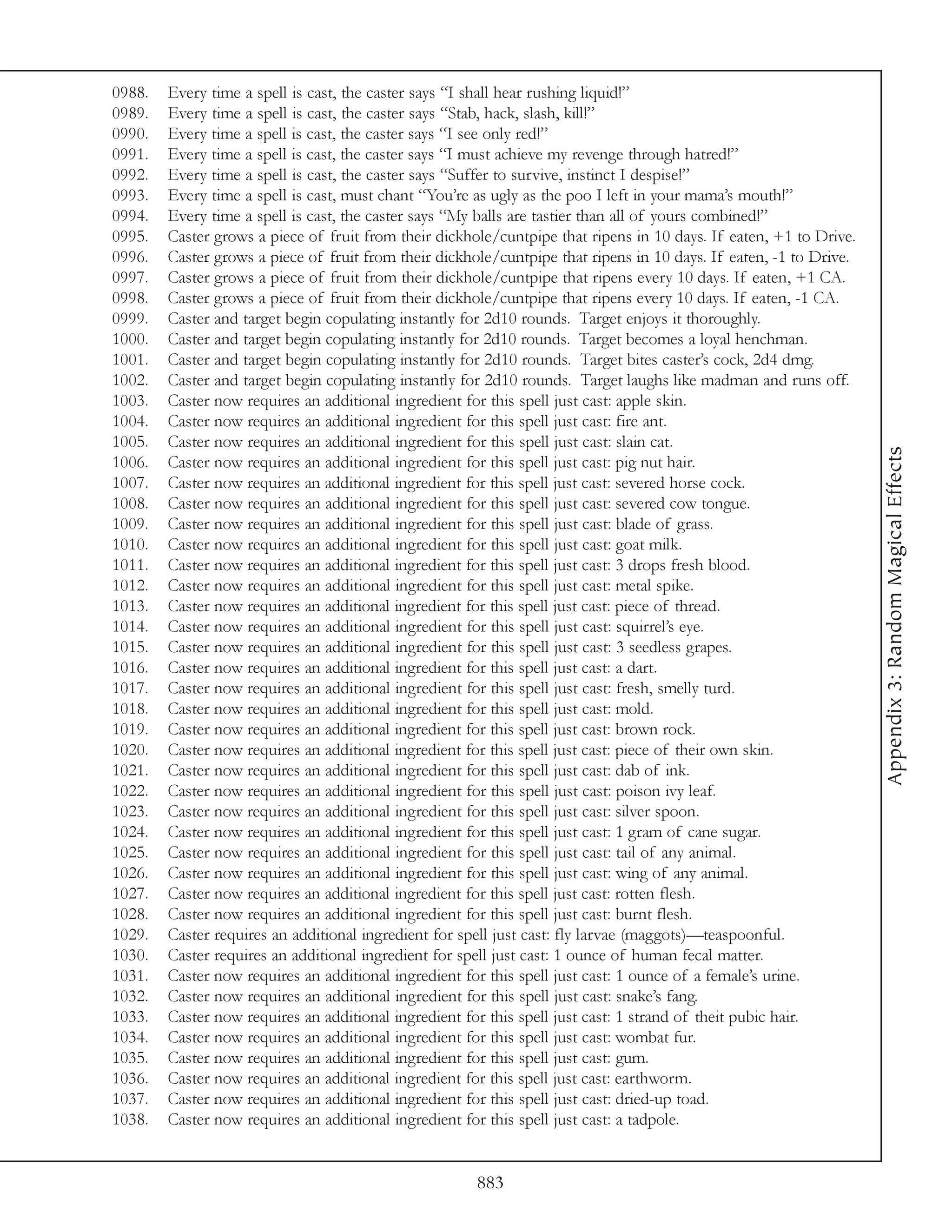 0988.   Every time a spell is cast, the caster says “I shall hear rushing liquid!”
0989.   Every time a spell is cast, the caster says “Stab, hack, slash, kill!”
0990.   Every time a spell is cast, the caster says “I see only red!”
0991.   Every time a spell is cast, the caster says “I must achieve my revenge through hatred!”
0992.   Every time a spell is cast, the caster says “Suffer to survive, instinct I despise!”
0993.   Every time a spell is cast, must chant “You’re as ugly as the poo I left in your mama’s mouth!”
0994.   Every time a spell is cast, the caster says “My balls are tastier than all of yours combined!”
0995.   Caster grows a piece of fruit from their dickhole/cuntpipe that ripens in 10 days. If eaten, +1 to Drive.
0996.   Caster grows a piece of fruit from their dickhole/cuntpipe that ripens in 10 days. If eaten, -1 to Drive.
0997.   Caster grows a piece of fruit from their dickhole/cuntpipe that ripens every 10 days. If eaten, +1 CA.
0998.   Caster grows a piece of fruit from their dickhole/cuntpipe that ripens every 10 days. If eaten, -1 CA.
0999.   Caster and target begin copulating instantly for 2d10 rounds. Target enjoys it thoroughly.
1000.   Caster and target begin copulating instantly for 2d10 rounds. Target becomes a loyal henchman.
1001.   Caster and target begin copulating instantly for 2d10 rounds. Target bites caster’s cock, 2d4 dmg.
1002.   Caster and target begin copulating instantly for 2d10 rounds. Target laughs like madman and runs off.
1003.   Caster now requires an additional ingredient for this spell just cast: apple skin.
1004.   Caster now requires an additional ingredient for this spell just cast: fire ant.
1005.   Caster now requires an additional ingredient for this spell just cast: slain cat.




                                                                                                                    Appendix 3: Random Magical Effects
1006.   Caster now requires an additional ingredient for this spell just cast: pig nut hair.
1007.   Caster now requires an additional ingredient for this spell just cast: severed horse cock.
1008.   Caster now requires an additional ingredient for this spell just cast: severed cow tongue.
1009.   Caster now requires an additional ingredient for this spell just cast: blade of grass.
1010.   Caster now requires an additional ingredient for this spell just cast: goat milk.
1011.   Caster now requires an additional ingredient for this spell just cast: 3 drops fresh blood.
1012.   Caster now requires an additional ingredient for this spell just cast: metal spike.
1013.   Caster now requires an additional ingredient for this spell just cast: piece of thread.
1014.   Caster now requires an additional ingredient for this spell just cast: squirrel’s eye.
1015.   Caster now requires an additional ingredient for this spell just cast: 3 seedless grapes.
1016.   Caster now requires an additional ingredient for this spell just cast: a dart.
1017.   Caster now requires an additional ingredient for this spell just cast: fresh, smelly turd.
1018.   Caster now requires an additional ingredient for this spell just cast: mold.
1019.   Caster now requires an additional ingredient for this spell just cast: brown rock.
1020.   Caster now requires an additional ingredient for this spell just cast: piece of their own skin.
1021.   Caster now requires an additional ingredient for this spell just cast: dab of ink.
1022.   Caster now requires an additional ingredient for this spell just cast: poison ivy leaf.
1023.   Caster now requires an additional ingredient for this spell just cast: silver spoon.
1024.   Caster now requires an additional ingredient for this spell just cast: 1 gram of cane sugar.
1025.   Caster now requires an additional ingredient for this spell just cast: tail of any animal.
1026.   Caster now requires an additional ingredient for this spell just cast: wing of any animal.
1027.   Caster now requires an additional ingredient for this spell just cast: rotten flesh.
1028.   Caster now requires an additional ingredient for this spell just cast: burnt flesh.
1029.   Caster requires an additional ingredient for spell just cast: fly larvae (maggots)—teaspoonful.
1030.   Caster requires an additional ingredient for spell just cast: 1 ounce of human fecal matter.
1031.   Caster now requires an additional ingredient for this spell just cast: 1 ounce of a female’s urine.
1032.   Caster now requires an additional ingredient for this spell just cast: snake’s fang.
1033.   Caster now requires an additional ingredient for this spell just cast: 1 strand of theit pubic hair.
1034.   Caster now requires an additional ingredient for this spell just cast: wombat fur.
1035.   Caster now requires an additional ingredient for this spell just cast: gum.
1036.   Caster now requires an additional ingredient for this spell just cast: earthworm.
1037.   Caster now requires an additional ingredient for this spell just cast: dried-up toad.
1038.   Caster now requires an additional ingredient for this spell just cast: a tadpole.


                                                       883
 