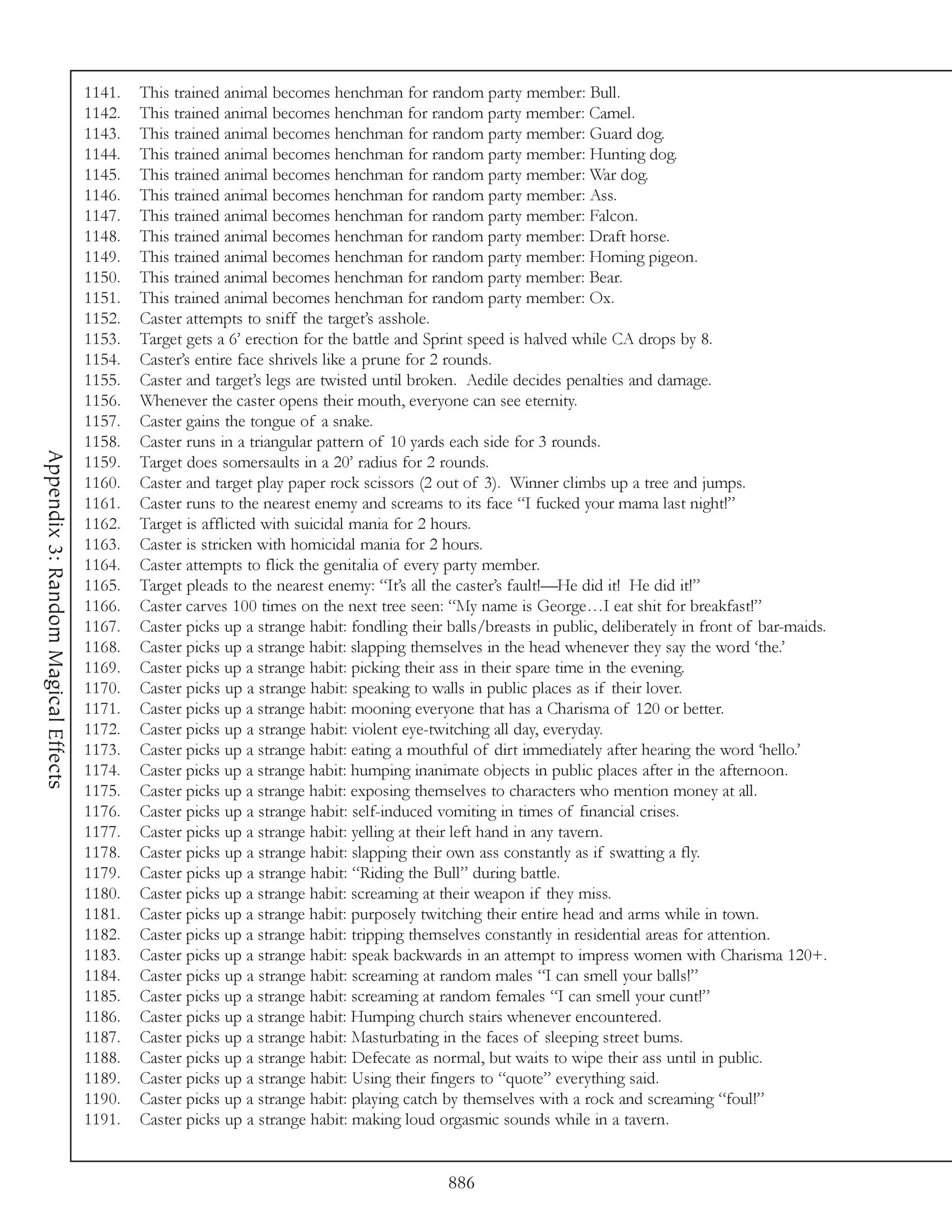 1141.   This trained animal becomes henchman for random party member: Bull.
                                     1142.   This trained animal becomes henchman for random party member: Camel.
                                     1143.   This trained animal becomes henchman for random party member: Guard dog.
                                     1144.   This trained animal becomes henchman for random party member: Hunting dog.
                                     1145.   This trained animal becomes henchman for random party member: War dog.
                                     1146.   This trained animal becomes henchman for random party member: Ass.
                                     1147.   This trained animal becomes henchman for random party member: Falcon.
                                     1148.   This trained animal becomes henchman for random party member: Draft horse.
                                     1149.   This trained animal becomes henchman for random party member: Homing pigeon.
                                     1150.   This trained animal becomes henchman for random party member: Bear.
                                     1151.   This trained animal becomes henchman for random party member: Ox.
                                     1152.   Caster attempts to sniff the target’s asshole.
                                     1153.   Target gets a 6’ erection for the battle and Sprint speed is halved while CA drops by 8.
                                     1154.   Caster’s entire face shrivels like a prune for 2 rounds.
                                     1155.   Caster and target’s legs are twisted until broken. Aedile decides penalties and damage.
                                     1156.   Whenever the caster opens their mouth, everyone can see eternity.
                                     1157.   Caster gains the tongue of a snake.
                                     1158.   Caster runs in a triangular pattern of 10 yards each side for 3 rounds.
Appendix 3: Random Magical Effects




                                     1159.   Target does somersaults in a 20’ radius for 2 rounds.
                                     1160.   Caster and target play paper rock scissors (2 out of 3). Winner climbs up a tree and jumps.
                                     1161.   Caster runs to the nearest enemy and screams to its face “I fucked your mama last night!”
                                     1162.   Target is afflicted with suicidal mania for 2 hours.
                                     1163.   Caster is stricken with homicidal mania for 2 hours.
                                     1164.   Caster attempts to flick the genitalia of every party member.
                                     1165.   Target pleads to the nearest enemy: “It’s all the caster’s fault!—He did it! He did it!”
                                     1166.   Caster carves 100 times on the next tree seen: “My name is George…I eat shit for breakfast!”
                                     1167.   Caster picks up a strange habit: fondling their balls/breasts in public, deliberately in front of bar-maids.
                                     1168.   Caster picks up a strange habit: slapping themselves in the head whenever they say the word ‘the.’
                                     1169.   Caster picks up a strange habit: picking their ass in their spare time in the evening.
                                     1170.   Caster picks up a strange habit: speaking to walls in public places as if their lover.
                                     1171.   Caster picks up a strange habit: mooning everyone that has a Charisma of 120 or better.
                                     1172.   Caster picks up a strange habit: violent eye-twitching all day, everyday.
                                     1173.   Caster picks up a strange habit: eating a mouthful of dirt immediately after hearing the word ‘hello.’
                                     1174.   Caster picks up a strange habit: humping inanimate objects in public places after in the afternoon.
                                     1175.   Caster picks up a strange habit: exposing themselves to characters who mention money at all.
                                     1176.   Caster picks up a strange habit: self-induced vomiting in times of financial crises.
                                     1177.   Caster picks up a strange habit: yelling at their left hand in any tavern.
                                     1178.   Caster picks up a strange habit: slapping their own ass constantly as if swatting a fly.
                                     1179.   Caster picks up a strange habit: “Riding the Bull” during battle.
                                     1180.   Caster picks up a strange habit: screaming at their weapon if they miss.
                                     1181.   Caster picks up a strange habit: purposely twitching their entire head and arms while in town.
                                     1182.   Caster picks up a strange habit: tripping themselves constantly in residential areas for attention.
                                     1183.   Caster picks up a strange habit: speak backwards in an attempt to impress women with Charisma 120+.
                                     1184.   Caster picks up a strange habit: screaming at random males “I can smell your balls!”
                                     1185.   Caster picks up a strange habit: screaming at random females “I can smell your cunt!”
                                     1186.   Caster picks up a strange habit: Humping church stairs whenever encountered.
                                     1187.   Caster picks up a strange habit: Masturbating in the faces of sleeping street bums.
                                     1188.   Caster picks up a strange habit: Defecate as normal, but waits to wipe their ass until in public.
                                     1189.   Caster picks up a strange habit: Using their fingers to “quote” everything said.
                                     1190.   Caster picks up a strange habit: playing catch by themselves with a rock and screaming “foul!”
                                     1191.   Caster picks up a strange habit: making loud orgasmic sounds while in a tavern.


                                                                                             886
 