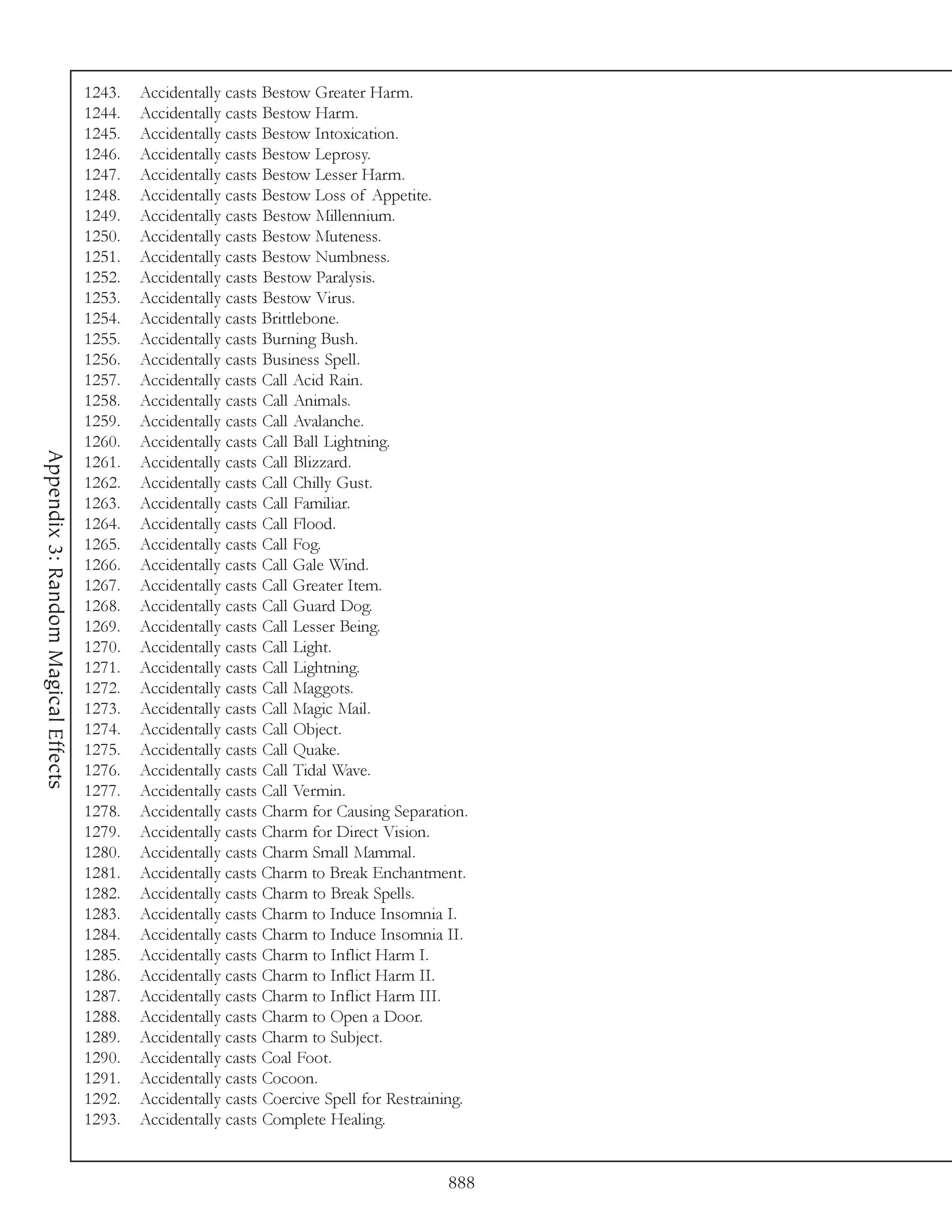 1243.   Accidentally casts Bestow Greater Harm.
                                     1244.   Accidentally casts Bestow Harm.
                                     1245.   Accidentally casts Bestow Intoxication.
                                     1246.   Accidentally casts Bestow Leprosy.
                                     1247.   Accidentally casts Bestow Lesser Harm.
                                     1248.   Accidentally casts Bestow Loss of Appetite.
                                     1249.   Accidentally casts Bestow Millennium.
                                     1250.   Accidentally casts Bestow Muteness.
                                     1251.   Accidentally casts Bestow Numbness.
                                     1252.   Accidentally casts Bestow Paralysis.
                                     1253.   Accidentally casts Bestow Virus.
                                     1254.   Accidentally casts Brittlebone.
                                     1255.   Accidentally casts Burning Bush.
                                     1256.   Accidentally casts Business Spell.
                                     1257.   Accidentally casts Call Acid Rain.
                                     1258.   Accidentally casts Call Animals.
                                     1259.   Accidentally casts Call Avalanche.
                                     1260.   Accidentally casts Call Ball Lightning.
Appendix 3: Random Magical Effects




                                     1261.   Accidentally casts Call Blizzard.
                                     1262.   Accidentally casts Call Chilly Gust.
                                     1263.   Accidentally casts Call Familiar.
                                     1264.   Accidentally casts Call Flood.
                                     1265.   Accidentally casts Call Fog.
                                     1266.   Accidentally casts Call Gale Wind.
                                     1267.   Accidentally casts Call Greater Item.
                                     1268.   Accidentally casts Call Guard Dog.
                                     1269.   Accidentally casts Call Lesser Being.
                                     1270.   Accidentally casts Call Light.
                                     1271.   Accidentally casts Call Lightning.
                                     1272.   Accidentally casts Call Maggots.
                                     1273.   Accidentally casts Call Magic Mail.
                                     1274.   Accidentally casts Call Object.
                                     1275.   Accidentally casts Call Quake.
                                     1276.   Accidentally casts Call Tidal Wave.
                                     1277.   Accidentally casts Call Vermin.
                                     1278.   Accidentally casts Charm for Causing Separation.
                                     1279.   Accidentally casts Charm for Direct Vision.
                                     1280.   Accidentally casts Charm Small Mammal.
                                     1281.   Accidentally casts Charm to Break Enchantment.
                                     1282.   Accidentally casts Charm to Break Spells.
                                     1283.   Accidentally casts Charm to Induce Insomnia I.
                                     1284.   Accidentally casts Charm to Induce Insomnia II.
                                     1285.   Accidentally casts Charm to Inflict Harm I.
                                     1286.   Accidentally casts Charm to Inflict Harm II.
                                     1287.   Accidentally casts Charm to Inflict Harm III.
                                     1288.   Accidentally casts Charm to Open a Door.
                                     1289.   Accidentally casts Charm to Subject.
                                     1290.   Accidentally casts Coal Foot.
                                     1291.   Accidentally casts Cocoon.
                                     1292.   Accidentally casts Coercive Spell for Restraining.
                                     1293.   Accidentally casts Complete Healing.


                                                                                           888
 