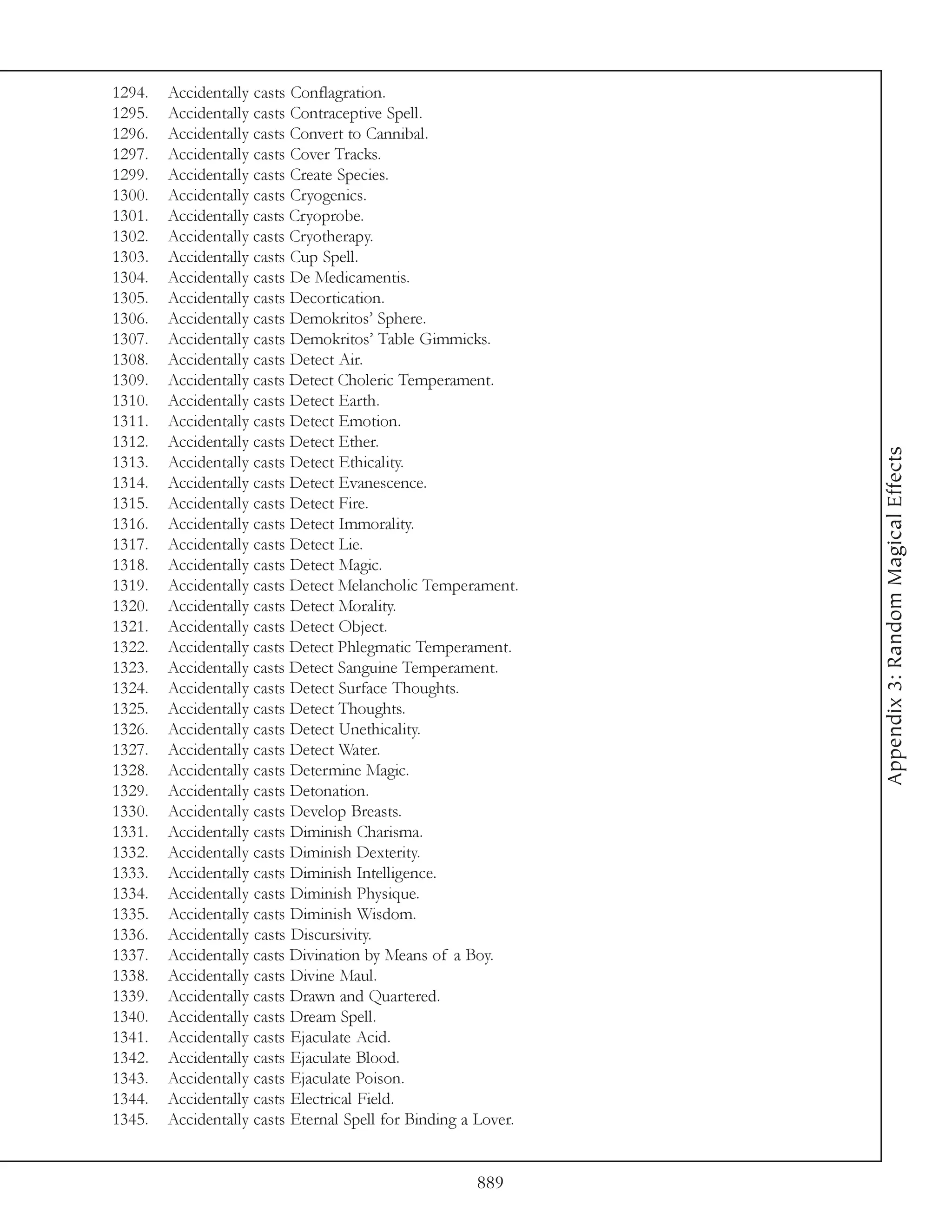 1294.   Accidentally casts Conflagration.
1295.   Accidentally casts Contraceptive Spell.
1296.   Accidentally casts Convert to Cannibal.
1297.   Accidentally casts Cover Tracks.
1299.   Accidentally casts Create Species.
1300.   Accidentally casts Cryogenics.
1301.   Accidentally casts Cryoprobe.
1302.   Accidentally casts Cryotherapy.
1303.   Accidentally casts Cup Spell.
1304.   Accidentally casts De Medicamentis.
1305.   Accidentally casts Decortication.
1306.   Accidentally casts Demokritos’ Sphere.
1307.   Accidentally casts Demokritos’ Table Gimmicks.
1308.   Accidentally casts Detect Air.
1309.   Accidentally casts Detect Choleric Temperament.
1310.   Accidentally casts Detect Earth.
1311.   Accidentally casts Detect Emotion.
1312.   Accidentally casts Detect Ether.




                                                                Appendix 3: Random Magical Effects
1313.   Accidentally casts Detect Ethicality.
1314.   Accidentally casts Detect Evanescence.
1315.   Accidentally casts Detect Fire.
1316.   Accidentally casts Detect Immorality.
1317.   Accidentally casts Detect Lie.
1318.   Accidentally casts Detect Magic.
1319.   Accidentally casts Detect Melancholic Temperament.
1320.   Accidentally casts Detect Morality.
1321.   Accidentally casts Detect Object.
1322.   Accidentally casts Detect Phlegmatic Temperament.
1323.   Accidentally casts Detect Sanguine Temperament.
1324.   Accidentally casts Detect Surface Thoughts.
1325.   Accidentally casts Detect Thoughts.
1326.   Accidentally casts Detect Unethicality.
1327.   Accidentally casts Detect Water.
1328.   Accidentally casts Determine Magic.
1329.   Accidentally casts Detonation.
1330.   Accidentally casts Develop Breasts.
1331.   Accidentally casts Diminish Charisma.
1332.   Accidentally casts Diminish Dexterity.
1333.   Accidentally casts Diminish Intelligence.
1334.   Accidentally casts Diminish Physique.
1335.   Accidentally casts Diminish Wisdom.
1336.   Accidentally casts Discursivity.
1337.   Accidentally casts Divination by Means of a Boy.
1338.   Accidentally casts Divine Maul.
1339.   Accidentally casts Drawn and Quartered.
1340.   Accidentally casts Dream Spell.
1341.   Accidentally casts Ejaculate Acid.
1342.   Accidentally casts Ejaculate Blood.
1343.   Accidentally casts Ejaculate Poison.
1344.   Accidentally casts Electrical Field.
1345.   Accidentally casts Eternal Spell for Binding a Lover.


                                                      889
 