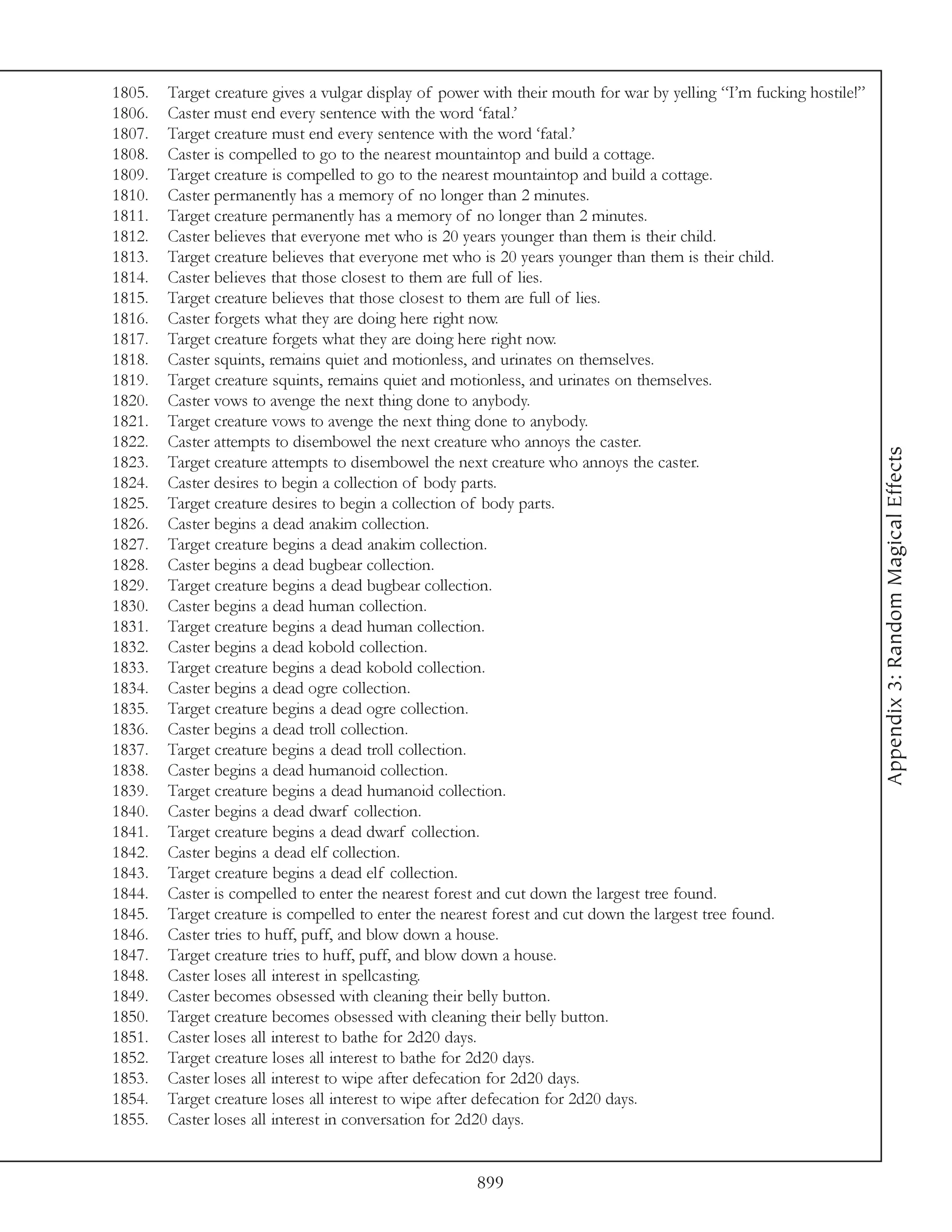 1805.   Target creature gives a vulgar display of power with their mouth for war by yelling “I’m fucking hostile!”
1806.   Caster must end every sentence with the word ‘fatal.’
1807.   Target creature must end every sentence with the word ‘fatal.’
1808.   Caster is compelled to go to the nearest mountaintop and build a cottage.
1809.   Target creature is compelled to go to the nearest mountaintop and build a cottage.
1810.   Caster permanently has a memory of no longer than 2 minutes.
1811.   Target creature permanently has a memory of no longer than 2 minutes.
1812.   Caster believes that everyone met who is 20 years younger than them is their child.
1813.   Target creature believes that everyone met who is 20 years younger than them is their child.
1814.   Caster believes that those closest to them are full of lies.
1815.   Target creature believes that those closest to them are full of lies.
1816.   Caster forgets what they are doing here right now.
1817.   Target creature forgets what they are doing here right now.
1818.   Caster squints, remains quiet and motionless, and urinates on themselves.
1819.   Target creature squints, remains quiet and motionless, and urinates on themselves.
1820.   Caster vows to avenge the next thing done to anybody.
1821.   Target creature vows to avenge the next thing done to anybody.
1822.   Caster attempts to disembowel the next creature who annoys the caster.




                                                                                                                     Appendix 3: Random Magical Effects
1823.   Target creature attempts to disembowel the next creature who annoys the caster.
1824.   Caster desires to begin a collection of body parts.
1825.   Target creature desires to begin a collection of body parts.
1826.   Caster begins a dead anakim collection.
1827.   Target creature begins a dead anakim collection.
1828.   Caster begins a dead bugbear collection.
1829.   Target creature begins a dead bugbear collection.
1830.   Caster begins a dead human collection.
1831.   Target creature begins a dead human collection.
1832.   Caster begins a dead kobold collection.
1833.   Target creature begins a dead kobold collection.
1834.   Caster begins a dead ogre collection.
1835.   Target creature begins a dead ogre collection.
1836.   Caster begins a dead troll collection.
1837.   Target creature begins a dead troll collection.
1838.   Caster begins a dead humanoid collection.
1839.   Target creature begins a dead humanoid collection.
1840.   Caster begins a dead dwarf collection.
1841.   Target creature begins a dead dwarf collection.
1842.   Caster begins a dead elf collection.
1843.   Target creature begins a dead elf collection.
1844.   Caster is compelled to enter the nearest forest and cut down the largest tree found.
1845.   Target creature is compelled to enter the nearest forest and cut down the largest tree found.
1846.   Caster tries to huff, puff, and blow down a house.
1847.   Target creature tries to huff, puff, and blow down a house.
1848.   Caster loses all interest in spellcasting.
1849.   Caster becomes obsessed with cleaning their belly button.
1850.   Target creature becomes obsessed with cleaning their belly button.
1851.   Caster loses all interest to bathe for 2d20 days.
1852.   Target creature loses all interest to bathe for 2d20 days.
1853.   Caster loses all interest to wipe after defecation for 2d20 days.
1854.   Target creature loses all interest to wipe after defecation for 2d20 days.
1855.   Caster loses all interest in conversation for 2d20 days.


                                                       899
 