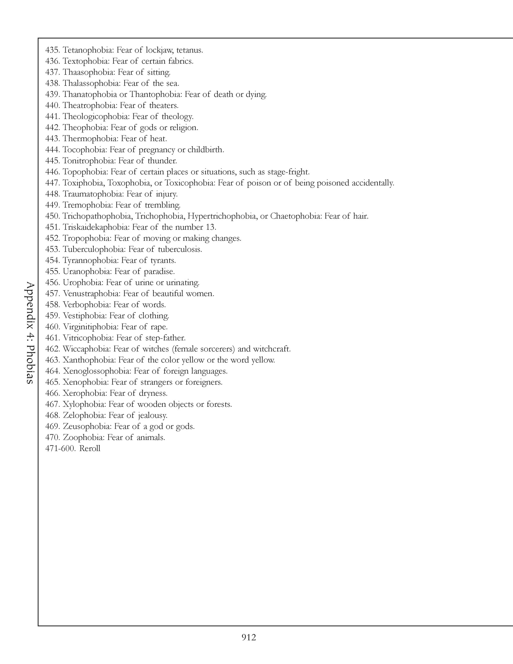 435. Tetanophobia: Fear of lockjaw, tetanus.
                      436. Textophobia: Fear of certain fabrics.
                      437. Thaasophobia: Fear of sitting.
                      438. Thalassophobia: Fear of the sea.
                      439. Thanatophobia or Thantophobia: Fear of death or dying.
                      440. Theatrophobia: Fear of theaters.
                      441. Theologicophobia: Fear of theology.
                      442. Theophobia: Fear of gods or religion.
                      443. Thermophobia: Fear of heat.
                      444. Tocophobia: Fear of pregnancy or childbirth.
                      445. Tonitrophobia: Fear of thunder.
                      446. Topophobia: Fear of certain places or situations, such as stage-fright.
                      447. Toxiphobia, Toxophobia, or Toxicophobia: Fear of poison or of being poisoned accidentally.
                      448. Traumatophobia: Fear of injury.
                      449. Tremophobia: Fear of trembling.
                      450. Trichopathophobia, Trichophobia, Hypertrichophobia, or Chaetophobia: Fear of hair.
                      451. Triskaidekaphobia: Fear of the number 13.
                      452. Tropophobia: Fear of moving or making changes.
                      453. Tuberculophobia: Fear of tuberculosis.
                      454. Tyrannophobia: Fear of tyrants.
                      455. Uranophobia: Fear of paradise.
                      456. Urophobia: Fear of urine or urinating.
Appendix 4: Phobias




                      457. Venustraphobia: Fear of beautiful women.
                      458. Verbophobia: Fear of words.
                      459. Vestiphobia: Fear of clothing.
                      460. Virginitiphobia: Fear of rape.
                      461. Vitricophobia: Fear of step-father.
                      462. Wiccaphobia: Fear of witches (female sorcerers) and witchcraft.
                      463. Xanthophobia: Fear of the color yellow or the word yellow.
                      464. Xenoglossophobia: Fear of foreign languages.
                      465. Xenophobia: Fear of strangers or foreigners.
                      466. Xerophobia: Fear of dryness.
                      467. Xylophobia: Fear of wooden objects or forests.
                      468. Zelophobia: Fear of jealousy.
                      469. Zeusophobia: Fear of a god or gods.
                      470. Zoophobia: Fear of animals.
                      471-600. Reroll




                                                                           912
 