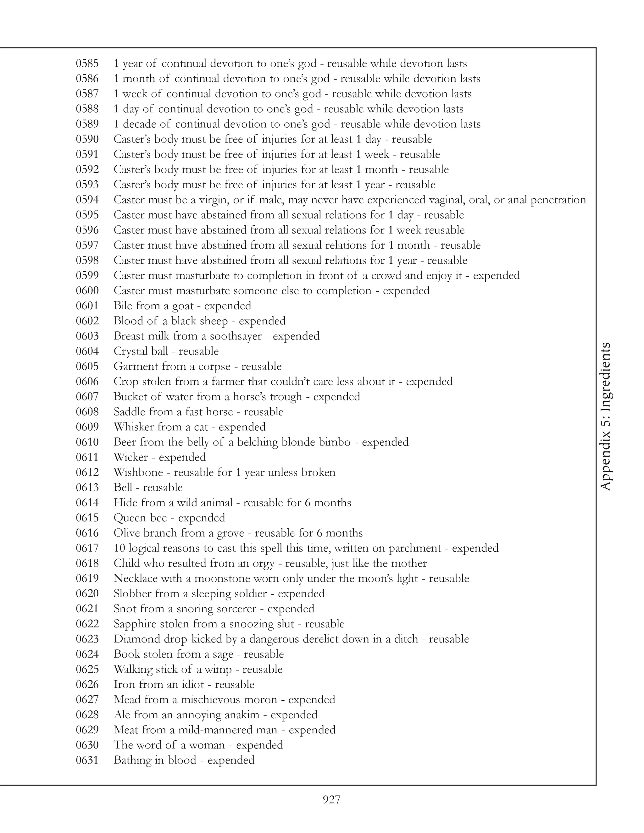 0585   1 year of continual devotion to one’s god - reusable while devotion lasts
0586   1 month of continual devotion to one’s god - reusable while devotion lasts
0587   1 week of continual devotion to one’s god - reusable while devotion lasts
0588   1 day of continual devotion to one’s god - reusable while devotion lasts
0589   1 decade of continual devotion to one’s god - reusable while devotion lasts
0590   Caster’s body must be free of injuries for at least 1 day - reusable
0591   Caster’s body must be free of injuries for at least 1 week - reusable
0592   Caster’s body must be free of injuries for at least 1 month - reusable
0593   Caster’s body must be free of injuries for at least 1 year - reusable
0594   Caster must be a virgin, or if male, may never have experienced vaginal, oral, or anal penetration
0595   Caster must have abstained from all sexual relations for 1 day - reusable
0596   Caster must have abstained from all sexual relations for 1 week reusable
0597   Caster must have abstained from all sexual relations for 1 month - reusable
0598   Caster must have abstained from all sexual relations for 1 year - reusable
0599   Caster must masturbate to completion in front of a crowd and enjoy it - expended
0600   Caster must masturbate someone else to completion - expended
0601   Bile from a goat - expended
0602   Blood of a black sheep - expended
0603   Breast-milk from a soothsayer - expended




                                                                                                            Appendix 5: Ingredients
0604   Crystal ball - reusable
0605   Garment from a corpse - reusable
0606   Crop stolen from a farmer that couldn’t care less about it - expended
0607   Bucket of water from a horse’s trough - expended
0608   Saddle from a fast horse - reusable
0609   Whisker from a cat - expended
0610   Beer from the belly of a belching blonde bimbo - expended
0611   Wicker - expended
0612   Wishbone - reusable for 1 year unless broken
0613   Bell - reusable
0614   Hide from a wild animal - reusable for 6 months
0615   Queen bee - expended
0616   Olive branch from a grove - reusable for 6 months
0617   10 logical reasons to cast this spell this time, written on parchment - expended
0618   Child who resulted from an orgy - reusable, just like the mother
0619   Necklace with a moonstone worn only under the moon’s light - reusable
0620   Slobber from a sleeping soldier - expended
0621   Snot from a snoring sorcerer - expended
0622   Sapphire stolen from a snoozing slut - reusable
0623   Diamond drop-kicked by a dangerous derelict down in a ditch - reusable
0624   Book stolen from a sage - reusable
0625   Walking stick of a wimp - reusable
0626   Iron from an idiot - reusable
0627   Mead from a mischievous moron - expended
0628   Ale from an annoying anakim - expended
0629   Meat from a mild-mannered man - expended
0630   The word of a woman - expended
0631   Bathing in blood - expended


                                                  927
 