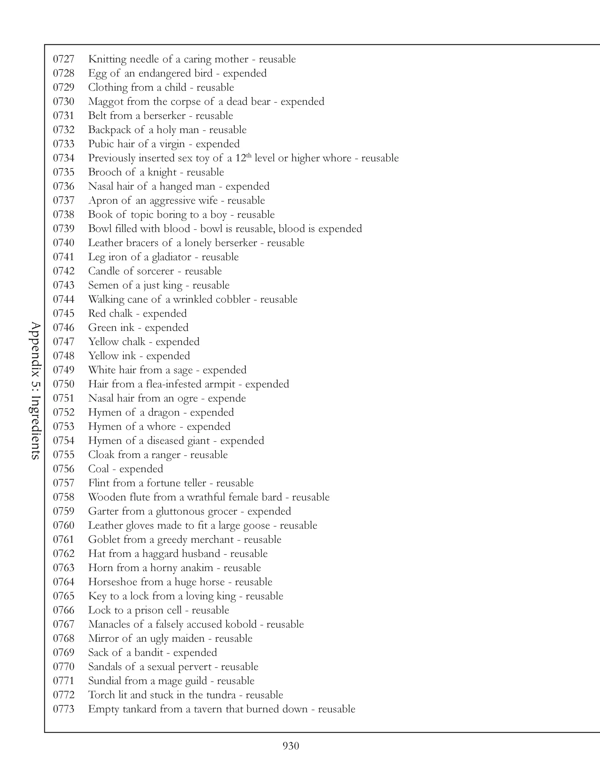 0727   Knitting needle of a caring mother - reusable
                          0728   Egg of an endangered bird - expended
                          0729   Clothing from a child - reusable
                          0730   Maggot from the corpse of a dead bear - expended
                          0731   Belt from a berserker - reusable
                          0732   Backpack of a holy man - reusable
                          0733   Pubic hair of a virgin - expended
                          0734   Previously inserted sex toy of a 12th level or higher whore - reusable
                          0735   Brooch of a knight - reusable
                          0736   Nasal hair of a hanged man - expended
                          0737   Apron of an aggressive wife - reusable
                          0738   Book of topic boring to a boy - reusable
                          0739   Bowl filled with blood - bowl is reusable, blood is expended
                          0740   Leather bracers of a lonely berserker - reusable
                          0741   Leg iron of a gladiator - reusable
                          0742   Candle of sorcerer - reusable
                          0743   Semen of a just king - reusable
                          0744   Walking cane of a wrinkled cobbler - reusable
                          0745   Red chalk - expended
Appendix 5: Ingredients




                          0746   Green ink - expended
                          0747   Yellow chalk - expended
                          0748   Yellow ink - expended
                          0749   White hair from a sage - expended
                          0750   Hair from a flea-infested armpit - expended
                          0751   Nasal hair from an ogre - expende
                          0752   Hymen of a dragon - expended
                          0753   Hymen of a whore - expended
                          0754   Hymen of a diseased giant - expended
                          0755   Cloak from a ranger - reusable
                          0756   Coal - expended
                          0757   Flint from a fortune teller - reusable
                          0758   Wooden flute from a wrathful female bard - reusable
                          0759   Garter from a gluttonous grocer - expended
                          0760   Leather gloves made to fit a large goose - reusable
                          0761   Goblet from a greedy merchant - reusable
                          0762   Hat from a haggard husband - reusable
                          0763   Horn from a horny anakim - reusable
                          0764   Horseshoe from a huge horse - reusable
                          0765   Key to a lock from a loving king - reusable
                          0766   Lock to a prison cell - reusable
                          0767   Manacles of a falsely accused kobold - reusable
                          0768   Mirror of an ugly maiden - reusable
                          0769   Sack of a bandit - expended
                          0770   Sandals of a sexual pervert - reusable
                          0771   Sundial from a mage guild - reusable
                          0772   Torch lit and stuck in the tundra - reusable
                          0773   Empty tankard from a tavern that burned down - reusable


                                                                            930
 