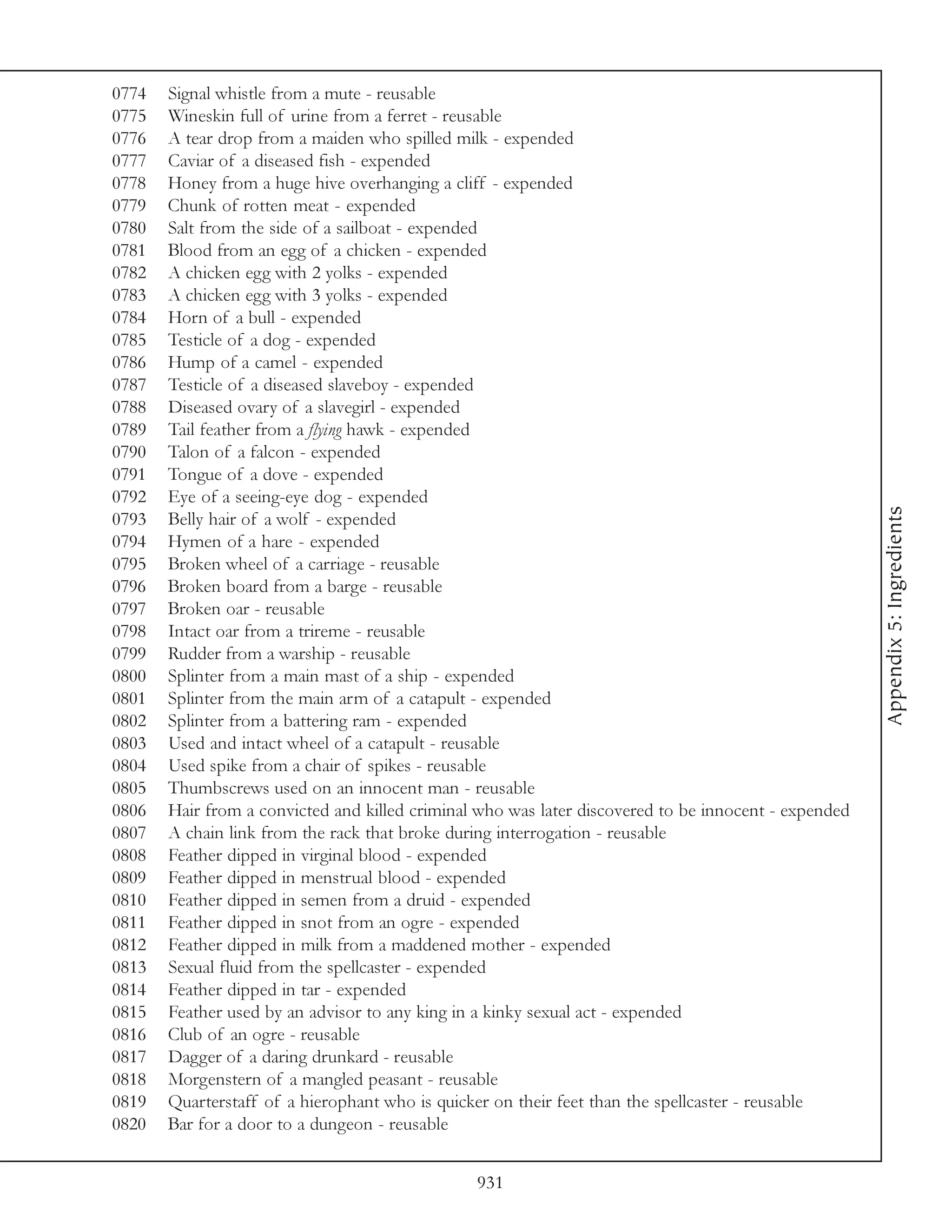 0774   Signal whistle from a mute - reusable
0775   Wineskin full of urine from a ferret - reusable
0776   A tear drop from a maiden who spilled milk - expended
0777   Caviar of a diseased fish - expended
0778   Honey from a huge hive overhanging a cliff - expended
0779   Chunk of rotten meat - expended
0780   Salt from the side of a sailboat - expended
0781   Blood from an egg of a chicken - expended
0782   A chicken egg with 2 yolks - expended
0783   A chicken egg with 3 yolks - expended
0784   Horn of a bull - expended
0785   Testicle of a dog - expended
0786   Hump of a camel - expended
0787   Testicle of a diseased slaveboy - expended
0788   Diseased ovary of a slavegirl - expended
0789   Tail feather from a flying hawk - expended
0790   Talon of a falcon - expended
0791   Tongue of a dove - expended
0792   Eye of a seeing-eye dog - expended




                                                                                                      Appendix 5: Ingredients
0793   Belly hair of a wolf - expended
0794   Hymen of a hare - expended
0795   Broken wheel of a carriage - reusable
0796   Broken board from a barge - reusable
0797   Broken oar - reusable
0798   Intact oar from a trireme - reusable
0799   Rudder from a warship - reusable
0800   Splinter from a main mast of a ship - expended
0801   Splinter from the main arm of a catapult - expended
0802   Splinter from a battering ram - expended
0803   Used and intact wheel of a catapult - reusable
0804   Used spike from a chair of spikes - reusable
0805   Thumbscrews used on an innocent man - reusable
0806   Hair from a convicted and killed criminal who was later discovered to be innocent - expended
0807   A chain link from the rack that broke during interrogation - reusable
0808   Feather dipped in virginal blood - expended
0809   Feather dipped in menstrual blood - expended
0810   Feather dipped in semen from a druid - expended
0811   Feather dipped in snot from an ogre - expended
0812   Feather dipped in milk from a maddened mother - expended
0813   Sexual fluid from the spellcaster - expended
0814   Feather dipped in tar - expended
0815   Feather used by an advisor to any king in a kinky sexual act - expended
0816   Club of an ogre - reusable
0817   Dagger of a daring drunkard - reusable
0818   Morgenstern of a mangled peasant - reusable
0819   Quarterstaff of a hierophant who is quicker on their feet than the spellcaster - reusable
0820   Bar for a door to a dungeon - reusable


                                                931
 
