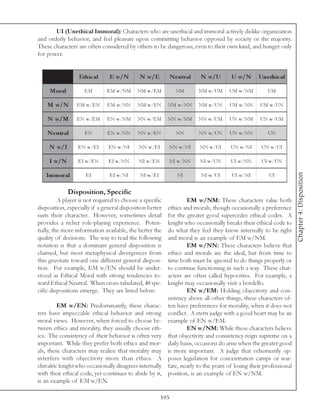 UI (Unethical Immoral): Characters who are unethical and immoral actively dislike organization
and orderly behavior, and feel pleasure upon committing behavior opposed by society or the majority.
These characters are often considered by others to be dangerous, even to their own kind, and hunger only
for power.


                  Ethic al     E w/N         N w/E            N e utral   N w/U      U w/N       Une thic al

     Moral          EM        E M w/NM      NM w/E M            NM        NM w/UM   UM w/NM          UM

    M w/N        E M w/E N    E M w/NN      NM w/E N      NM w/NN         NM w/UN   UM w/NN       UM w/UN

    N w/M        E N w/E M    E N w/NM      NN w/E M      NN w/NM         NN w/UM   UN w/NM       UN w/UM

    N e utral       EN        E N w/NN      NN w/E N            NN        NN w/UN   UN w/NN          UN

     N w/I       E N w/E I     E N w/NI     NN w/E I          NN w/NI     NN w/UI    UN w/NI      UN w/UI

     I w/N       E I w/E N     E I w/NN     NI w/E N          NI w/NN     NI w/UN    UI w/NN      UI w/UN




                                                                                                                   Chapter 4: Disposition
   Im m oral         EI        E I w/NI      NI w/E I            NI       NI w/UI    UI w/NI          UI


             Disposition, Specific
          A player is not required to choose a specific           EM w/NM: These characters value both
disposition, especially if a general disposition better   ethics and morals, though occasionally a preference
suits their character. However, sometimes detail          for the greater good supercedes ethical codes. A
provides a richer role-playing experience. Poten-         knight who occasionally breaks their ethical code to
tially, the more information available, the better the    do what they feel they know internally to be right
quality of decisions. The way to read the following       and moral is an example of EM w/NM.
notation is that a dominant general disposition is                EM w/NN: These characters believe that
claimed, but most metaphysical divergences from           ethics and morals are the ideal, but from time to
this gravitate toward one different general disposi-      time both must be ignored to do things properly or
tion. For example, EM w/EN should be under-               to continue functioning in such a way. These char-
stood as Ethical Moral with strong tendencies to-         acters are often called hypocrites. For example, a
ward Ethical Neutral. When cross-tabulated, 40 spe-       knight may occasionally visit a bordello.
cific dispositions emerge. They are listed below:                 EN w/EM: Holding objectivity and con-
                                                          sistency above all other things, these characters of-
         EM w/EN: Predominantly, these charac-            ten have preferences for morality, when it does not
ters have impeccable ethical behavior and strong          conflict. A stern judge with a good heart may be an
moral views. However, when forced to choose be-           example of EN w/EM.
tween ethics and morality, they usually choose eth-               EN w/NM: While these characters believe
ics. The consistency of their behavior is often very      that objectivity and consistency reign supreme on a
important. While they prefer both ethics and mor-         daily basis, occasions do arise when the greater good
als, these characters may realize that morality may       is more important. A judge that vehemently op-
interfere with objectivity more than ethics. A            poses legislation for concentration camps or war-
chivalric knight who occasionally disagrees internally    fare, nearly to the point of losing their professional
with their ethical code, yet continues to abide by it,    position, is an example of EN w/NM.
is an example of EM w/EN.

                                                        105
 