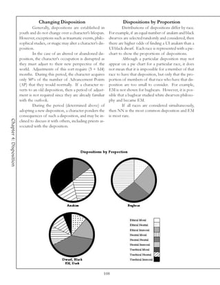 Changing Disposition                                  Dispositions by Proportion
                                 Generally, dispositions are established in                 Distributions of dispositions differ by race.
                         youth and do not change over a character’s lifespan.      For example, if an equal number of anakim and black
                         However, exceptions such as traumatic events, philo-      dwarves are selected randomly and considered, then
                         sophical studies, or magic may alter a character’s dis-   there are higher odds of finding a UI anakim than a
                         position.                                                 UI black dwarf. Each race is represented with a pie-
                                 In the case of an altered or abandoned dis-       chart to show the proportions of dispositions.
                         position, the character’s occupation is disrupted as               Although a particular disposition may not
                         they must adjust to their new perspective of the          appear on a pie chart for a particular race, it does
                         world. Adjustments of this sort require (3 + 1d4)         not mean that it is impossible for a member of that
                         months. During this period, the character acquires        race to have that disposition, but only that the pro-
                         only 50% of the number of Advancement Points              portion of members of that race who have that dis-
                         (AP) that they would normally. If a character re-         position are too small to consider. For example,
                         verts to an old disposition, then a period of adjust-     EM is not shown for bugbears. However, it is pos-
                         ment is not required since they are already familiar      sible that a bugbear studied white dwarven philoso-
                         with the outlook.                                         phy and became EM.
                                 During the period (determined above) of                    If all races are considered simultaneously,
                         adopting a new disposition, a character ponders the       then NN is the most common disposition and EM
                         consequences of such a disposition, and may be in-        is most rare.
Chapter 4: Disposition




                         clined to discuss it with others, including priests as-
                         sociated with the disposition.




                                                                               108
 
