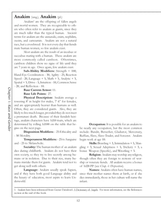 Anakim (sing.), Anakim (pl.)
                                      Anakim1 are the offspring of fallen angels
                             and mortal women. They are recognizable to oth-
                             ers who often refer to anakim as giants, since they
                             are much taller than the typical human. Ancient
                             terms for anakim are the annunaki, enim, nephilim,
                             zuzim, and zamzumin. Anakim are not a natural
                             race, but a crossbreed. It is not every day that fiends
                             mate human women, so few anakim exist.
                                      Most anakim are the result of an incubus or
                             succubus mating with a human. These anakim are
                             more commonly called cambion. Oftentimes,
                             cambion children show no signs of life until they
                             are 7 years in age. Once again, few anakim exist.
                                      Sub-Ability Modifiers: Strength + 100,
                             Hand-Eye Coordination - 30, Agility - 25, Reaction
                             Speed - 20, Language + 5, Math + 5, Analytic + 5,
                             Spatial + 5, Drive - 5, Intuition - 10, Common Sense
                             - 20, and Reflection - 10.
Chapter 1: Race and Gender




                                      Base Current Armor: 11.
                                      Base Life Points: 27.
                                      Physical Description: Anakim average a
                             towering 8’ in height for males, 7’ 6” for females,
                             and are appropriately heavier than humans as well.
                             Often, they are considered giants. Also, they are
                             likely to live much longer, provided they do not meet
                             a premature death. Because of their fiendish heri-
                             tage, anakim characters have 1d10 traits, which are
                             determined by rolling 1d100 on the table that be-                      Occupation: It is possible for an anakim to
                             gins on the next page.                                         be nearly any occupation, but the most common
                                      Disposition Modifiers: - 25 Ethicality and            include: Bandit, Berserker, Gladiator, Mercenary,
                             - 50 Morality.                                                 Ruffian, Slave, Slave-Trader, and Sorcerer. Anakim
                                      Temperament Modifiers: - 25 to Sanguine               begin work at age 10.
                             and - 25 to Melancholic.                                               Skills: Brawling + 3, Intimidation + 5, Man-
                                      Sociality: The human mother of an anakim              gling + 3, Sexual Adeptness + 5, Trickery + 3, a
                             dies during childbirth. Anakim do not have their               bonus Weapon (Specific), and Wrestling + 5.
                             own society, so they try to live secretly among hu-                    Religion: Anakim may worship any religion,
                             mans or in isolation. Due to their size, many hu-              though often they are foreign to notions of wor-
                             mans mistake them for giants. Anakim tend not to               ship or venerate fiends. All anakim receive a bonus
                             get along well with others.                                    of 1d20 PP (see Chap. 4: Disposition).
                                      Language: Anakim usually speak Sapien,                        Names: Anakim often have human names,
                             and if they have both good Language ability and                since their mother names them at birth, or if she
                             the luxury of education, most aspire to learn Un-              dies immediately, those in her culture will name the
                             derworld.                                                      infant.

                             1. Anakim have been referenced from Gustav Davidson’s A Dictionary of Angels. For more information, see the References
                             section at the end of this book.

                                                                                       12
 