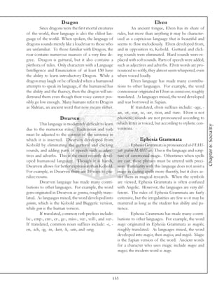 Dragon                                                      Elven
         Since dragons were the first mortal creatures             An ancient tongue, Elven has its share of
of the world, their language is also the oldest lan-     rules, but more than anything it may be character-
guage of the world. When spoken, the language of         ized as a capricious language that is beautiful and
dragons sounds merely like a loud roar to those who      seems to flow melodiously. Elven developed from,
are unfamiliar. To those familiar with Dragon, the       and in opposition to, Kobold. Guttural and click-
roar contains numerous nuances of a very fine de-        ing sounds were eliminated. Hard sounds were re-
gree. Dragon is guttural, but it also contains a         placed with soft sounds. Parts of speech were added,
plethora of rules. Only characters with a Language       such as adjectives and adverbs. Elven words are pro-
Intelligence and Enunciation of at least 130 have        nounced so softly, they almost seem whispered, even
the ability to learn introductory Dragon. While a        when voiced loudly.
dragon may laugh or be offended when a humanoid                    Elven language has made many contribu-
attempts to speak its language, if the humanoid has      tions to other languages. For example, the word
the ability and the fluency, then the dragon will un-    connoisseur originated in Elven as connoisseor, roughly
derstand them even though their voice cannot pos-        translated. As languages mixed, the word developed
sibly go low enough. Many humans refer to Dragon         and was borrowed in Sapian.
as Slidrian, an ancient word that now means slither.               If translated, elven suffixes include: -age, -
                                                         ais, -et, -eur, -ie, -ier, -tion, and -ture. Elven is not
                        Dwarven                          phonetic; sounds are not pronounced according to
         This language is moderately difficult to learn which letter is voiced, but according to stylistic con-




                                                                                                                     Chapter 6: Sociality
due to the numerous rules. Each noun and verb ventions.
must be adjusted to the context of the sentence in
which it is inserted. Dwarven developed from                             Ephesia Grammata
Kobold by eliminating the guttural and clicking                    Ephesia Grammata is pronounced eh-FEHS-
sounds, and adding parts of speech such as adjec- yah grahm-MAHT-ah. This is the language and scrip-
tives and adverbs. This is the most recently devel- ture of ceremonial magic. Oftentimes when spells
oped humanoid language. Though it is harsh, are cast, these phrases must be uttered with preci-
Dwarven allows for better expression than Kobold. sion. Familiarity with this language does not assist a
For example, in Dwarven there are 10 ways to plu- mage in casting spells more fluently, but it does as-
ralize nouns.                                            sist them in magical research. When the symbols
         Dwarven language has made many contri- are viewed, Ephesia Grammata is often confused
butions to other languages. For example, the word with Angelic. However, the languages are very dif-
gem originated in Dwarven as gemma, roughly trans- ferent. The rules of Ephesia Grammata are fairly
lated. As languages mixed, the word developed into extensive, but the irregularities are few so it may be
gemme, which is the Kobold and Buggeric version, mastered as long as the student has ability and pa-
while gem is the human version.                          tience.
         If translated, common verb prefixes include:              Ephesia Grammata has made many contri-
be-, emp-, ent-, er-, ge-, miss-, ver-, voll-, and zer-. butions to other languages. For example, the word
If translated, common noun suffixes include: -e, - magic originated in Ephesia Grammata as magike,
en, -ich, -ig, -in, -keit, -li, -um, and -ung.           roughly translated. As languages mixed, the word
                                                         developed into magice, then magica, and magik. Magic
                                                         is the Sapian version of the word. Ancient words
                                                         for a character who uses magic include magos and
                                                         magus; the modern word is mage.




                                                       153
 