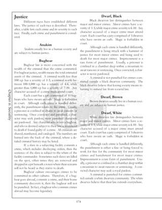 Justice                                                                   Dwarf, Black
                                Different races have established different              Black dwarven law distinguishes between
                       laws. The justice of each race is described. There-     major and minor crimes. Minor crimes have a se-
                       after, a table lists each crime and its severity to eachverity of 1-5, while major crime severity is 6-10. Any
                       race. Finally, each crime and punishment is consid-     character accused of a major crime must attend
                       ered.                                                   court. Each court has a jury comprised of 5 dwarves
                                                                               who have sworn an oath. Magic is forbidden in
                                                                               court.
                                               Anakim
                                                                                        Although each crime is handled differently,
                                 Anakim usually live in a human society and
                                                                               the punishment is being struck with a hammer of
                       are subject to human justice.
                                                                               justice for most minor crimes and being axed to
                                                                               death for most major crimes. Imprisonment is a
                                              Bugbear                          rare form of punishment. Usually, a prisoner is
                                 Bugbear law is more concerned with the confined in a chamber deep within a mountain to
                       wealth of the criminal than the crime committed. await ransom or sentencing. Once convicted, a char-
                       For bugbear justice, wealth means the total estimated acter is never pardoned.
                       assets of the criminal. A criminal worth less than               A criminal is not punished for crimes com-
                       100 s.p. has a severity of 1-3, a criminal worth be- mitted outside a black dwarven community. The
                       tween 100-1,000 s.p. has a severity of 4-6, while black dwarves believe that leaving society means re-
                       greater than 1,000 s.p has a severity of 7-10. Any turning to natural law from societal law.
Chapter 6: Sociality




                       character accused of a crime must attend court.
                                 Each court has a jury comprised of 11 bug-
                                                                                                 Dwarf, Brown
                       bears who have sworn an oath. Magic is forbidden
                                                                                        Brown dwarves usually live in a human soci-
                       in court. Although each crime is handled differ-
                                                                               ety and are subject to human justice.
                       ently, the punishment relates to the crime. Usually,
                       a prisoner is confined in chains to await ransom or
                       sentencing. Once convicted and punished, a char-                           Dwarf, White
                       acter may seek pardon; most punished characters                  White dwarven law distinguishes between
                       are pardoned. Any character who is not a bugbear,       major and minor crimes. Minor crimes have a se-
                       and who is deemed subject to their law, is sentenced verity of 1-5, while major crime severity is 6-10. Any
                       to death if found guilty of a crime. All criminals are character accused of a major crime must attend
                       shaved, numbered, and cataloged. The numbers are court. Each court has a jury comprised of 5 dwarves
                       burned into the back of the criminal, where a de- who have sworn an oath. Magic is forbidden in
                       tailed criminal history may be listed.                  court.
                                 If a slave in a subjecting facility commits a          Although each crime is handled differently,
                       crime, which includes disobeying orders, then the the punishment is either a fine or being forced to
                       sentence of the slave is subject to the whim of the work for free for the community for most minor
                       facility commander. Sometimes such slaves are killed crimes and banishment for most major crimes.
                       on the spot, other times they are removed and Imprisonment is a rare form of punishment. Usu-
                       dropped in a pit beneath a tower where their screams ally, a prisoner is confined in a chamber deep within
                       will not be heard as they starve to death.              a mountain to await ransom or sentencing. A con-
                                 Bugbear culture encourages crimes to be victed character may seek a royal pardon.
                       committed in other cultures. Therefore, if a bug-                A criminal is punished for crimes commit-
                       bear goes abroad, commits a crime, and their home       ted outside a white dwarven community. The white
                       community discovers it, then the bugbear will not dwarves believe that their law extends everywhere.
                       be punished. In fact, a bugbear who commits crimes
                       abroad may become legendary.


                                                                              174
 