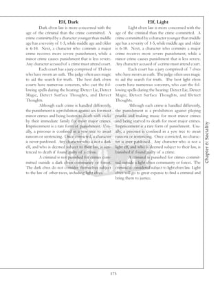 Elf, Dark                                                Elf, Light
         Dark elven law is more concerned with the               Light elven law is more concerned with the
age of the criminal than the crime committed. A         age of the criminal than the crime committed. A
crime committed by a character younger than middle      crime committed by a character younger than middle
age has a severity of 1-5, while middle age and older   age has a severity of 1-5, while middle age and older
is 6-10. Next, a character who commits a major          is 6-10. Next, a character who commits a major
crime receives more severe punishment, while a          crime receives more severe punishment, while a
minor crime causes punishment that is less severe.      minor crime causes punishment that is less severe.
Any character accused of a crime must attend court.     Any character accused of a crime must attend court.
         Each court has a jury comprised of 13 elves             Each court has a jury comprised of 7 elves
who have sworn an oath. The judge often uses magic      who have sworn an oath. The judge often uses magic
to aid the search for truth. The best dark elven        to aid the search for truth. The best light elven
courts have numerous sorcerers, who cast the fol-       courts have numerous sorcerers, who cast the fol-
lowing spells during the hearing: Detect Lie, Detect    lowing spells during the hearing: Detect Lie, Detect
Magic, Detect Surface Thoughts, and Detect              Magic, Detect Surface Thoughts, and Detect
Thoughts.                                               Thoughts.
         Although each crime is handled differently,             Although each crime is handled differently,
the punishment is a prohibition against sex for most    the punishment is a prohibition against playing
minor crimes and being beaten to death with sticks      pranks and making music for most minor crimes
by their immediate family for most major crimes.        and being starved to death for most major crimes.




                                                                                                                   Chapter 6: Sociality
Imprisonment is a rare form of punishment. Usu-         Imprisonment is a rare form of punishment. Usu-
ally, a prisoner is confined in a yew tree to await     ally, a prisoner is confined in a yew tree to await
ransom or sentencing. Once convicted, a character       ransom or sentencing. Once convicted, no charac-
is never pardoned. Any character who is not a dark      ter is ever pardoned. Any character who is not a
elf, and who is deemed subject to their law, is sen-    light elf, and who is deemed subject to their law, is
tenced to death if found guilty of a crime.             banished if found guilty of a crime.
         A criminal is not punished for crimes com-              A criminal is punished for crimes commit-
mitted outside a dark elven community or forest.        ted outside a light elven community or forest. The
The dark elves do not consider themselves subject       criminal is considered subject to light elven law. Light
to the law of other races, including light elves.       elves will go to great expense to find a criminal and
                                                        bring them to justice.




                                                    175
 