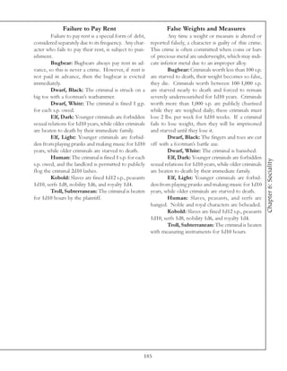 Failure to Pay Rent                               False Weights and Measures
        Failure to pay rent is a special form of debt,            Any time a weight or measure is altered or
considered separately due to its frequency. Any char-    reported falsely, a character is guilty of this crime.
acter who fails to pay their rent, is subject to pun-    This crime is often committed when coins or bars
ishment.                                                 of precious metal are underweight, which may indi-
        Bugbear: Bugbears always pay rent in ad-         cate inferior metal due to an improper alloy.
vance, so this is never a crime. However, if rent is              Bugbear: Criminals worth less than 100 s.p.
not paid in advance, then the bugbear is evicted         are starved to death, their weight becomes so false,
immediately.                                             they die. Criminals worth between 100-1,000 s.p.
        Dwarf, Black: The criminal is struck on a        are starved nearly to death and forced to remain
big toe with a footman’s warhammer.                      severely undernourished for 1d10 years. Criminals
        Dwarf, White: The criminal is fined 1 g.p.       worth more than 1,000 s.p. are publicly chastised
for each s.p. owed.                                      while they are weighed daily; these criminals must
        Elf, Dark: Younger criminals are forbidden       lose 2 lbs. per week for 1d10 weeks. If a criminal
sexual relations for 1d10 years, while older criminals   fails to lose weight, then they will be imprisoned
are beaten to death by their immediate family.           and starved until they lose it.
        Elf, Light: Younger criminals are forbid-                 Dwarf, Black: The fingers and toes are cut
den from playing pranks and making music for 1d10        off with a footman’s battle axe.
years, while older criminals are starved to death.                Dwarf, White: The criminal is banished.
        Human: The criminal is fined 1 s.p. for each              Elf, Dark: Younger criminals are forbidden




                                                                                                                  Chapter 6: Sociality
s.p. owed, and the landlord is permitted to publicly     sexual relations for 1d10 years, while older criminals
flog the criminal 2d10 lashes.                           are beaten to death by their immediate family.
        Kobold: Slaves are fined 1d12 s.p., peasants              Elf, Light: Younger criminals are forbid-
1d10, serfs 1d8, nobility 1d6, and royalty 1d4.          den from playing pranks and making music for 1d10
        Troll, Subterranean: The criminal is beaten      years, while older criminals are starved to death.
for 1d10 hours by the plaintiff.                                  Human: Slaves, peasants, and serfs are
                                                         hanged. Noble and royal characters are beheaded.
                                                                  Kobold: Slaves are fined 1d12 s.p., peasants
                                                         1d10, serfs 1d8, nobility 1d6, and royalty 1d4.
                                                                  Troll, Subterranean: The criminal is beaten
                                                         with measuring instruments for 1d10 hours.




                                                     185
 