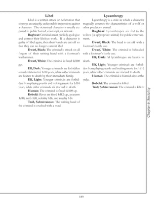 Libel                                              Lycanthropy
        Libel is a written attack or defamation that             Lycanthropy is a state in which a character
conveys an unjustly, unfavorable impression against      magically assumes the characteristics of a wolf or
a character. The victimized character is usually ex-     other predatory animal.
posed to public hatred, contempt, or ridicule.                   Bugbear: Lycanthropes are fed to the
        Bugbear: Criminals must publicly apologize       wolves (or appropriate animal) for public entertain-
and correct their libelous work. If a character is       ment.
guilty of libel again, then their hands are cut off so           Dwarf, Black: The head is cut off with a
that they can no longer commit libel.                    footman’s battle axe.
        Dwarf, Black: The criminal is struck on all              Dwarf, White: The criminal is beheaded
fingers of their writing hand with a footman’s           with a footman’s battle axe.
warhammer.                                                       Elf, Dark: All lycanthropes are beaten to
        Dwarf, White: The criminal is fined 1d100        death.
g.p.                                                             Elf, Light: Younger criminals are forbid-
        Elf, Dark: Younger criminals are forbidden       den from playing pranks and making music for 1d10
sexual relations for 1d10 years, while older criminals   years, while older criminals are starved to death.
are beaten to death by their immediate family.                   Human: The criminal is burned alive at the
        Elf, Light: Younger criminals are forbid-        stake.
den from playing pranks and making music for 1d10                Kobold: The criminal is killed.
years, while older criminals are starved to death.               Troll, Subterranean: The criminal is killed.




                                                                                                                Chapter 6: Sociality
        Human: The criminal is fined 1d100 s.p.
        Kobold: Slaves are fined 1d12 s.p., peasants
1d10, serfs 1d8, nobility 1d6, and royalty 1d4.
        Troll, Subterranean: The writing hand of
the criminal is crushed with a maul.




                                                     189
 