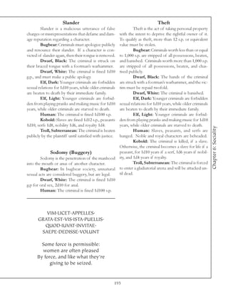 Slander                                              Theft
         Slander is a malicious utterance of false          Theft is the act of taking personal property
charges or misrepresentations that defame and dam- with the intent to deprive the rightful owner of it.
age reputation regarding a character.              To qualify as theft, more than 12 s.p. or equivalent
         Bugbear: Criminals must apologize publiclyvalue must be stolen.
and renounce their slander. If a character is con-          Bugbear: Criminals worth less than or equal
victed of slander again, then their tongue is removed.
                                                   to 1,000 s.p. are stripped of all possessions, beaten,
         Dwarf, Black: The criminal is struck on   and banished. Criminals worth more than 1,000 s.p.
their braced tongue with a footman’s warhammer.    are stripped of all possessions, beaten, and chas-
         Dwarf, White: The criminal is fined 1d10  tised publicly.
g.p., and must make a public apology.                       Dwarf, Black: The hands of the criminal
         Elf, Dark: Younger criminals are forbiddenare struck with a footman’s warhammer, and the vic-
sexual relations for 1d10 years, while older criminals
                                                   tim must be repaid twofold.
are beaten to death by their immediate family.              Dwarf, White: The criminal is banished.
         Elf, Light: Younger criminals are forbid-          Elf, Dark: Younger criminals are forbidden
den from playing pranks and making music for 1d10  sexual relations for 1d10 years, while older criminals
years, while older criminals are starved to death. are beaten to death by their immediate family.
         Human: The criminal is fined 1d100 s.p.            Elf, Light: Younger criminals are forbid-
         Kobold: Slaves are fined 1d12 s.p., peasants
                                                   den from playing pranks and making music for 1d10
1d10, serfs 1d8, nobility 1d6, and royalty 1d4.    years, while older criminals are starved to death.




                                                                                                            Chapter 6: Sociality
         Troll, Subterranean: The criminal is beaten        Human: Slaves, peasants, and serfs are
publicly by the plaintiff until satisfied with justice.
                                                   hanged. Noble and royal characters are beheaded.
                                                            Kobold: The criminal is killed, if a slave.
                                                   Otherwise, the criminal becomes a slave for life if a
               Sodomy (Buggery)                    peasant, for 1d10 years if a serf, 1d6 years if nobil-
        Sodomy is the penetration of the manhood ity, and 1d4 years if royalty.
into the mouth or anus of another character.                Troll, Subterranean: The criminal is forced
        Bugbear: In bugbear society, unnatural     to enter a gladiatorial arena and will be attacked un-
sexual acts are considered buggery, but are legal. til dead.
        Dwarf, White: The criminal is fined 1d10
g.p for oral sex, 2d10 for anal.
        Human: The criminal is fined 1d100 s.p.




         VIM.LICET.APPELLES.
      GRATA.EST.VIS.ISTA.PUELLIS.
        QUOD.IUVAT.INVITAE.
       SAEPE.DEDISSE.VOLUNT

        Some force is permissible:
        women are often pleased
      By force, and like what they’re
            giving to be seized.


                                                      193
 