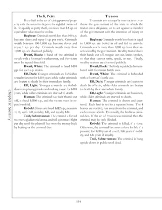 Theft, Petty                                                 Treason
                                 Petty theft is the act of taking personal prop-            Treason is any attempt by overt acts to over-
                       erty with the intent to deprive the rightful owner of       throw the government of the state to which the
                       it. To qualify as petty theft, no more than 12 s.p. or      traitor owes allegiance, or to act against a member
                       equivalent value must be stolen.                            of the government with the intention of injury or
                                 Bugbear: Criminals worth less than 100 s.p.       death.
                       become slaves and repay 1 s.p. per week. Criminals                   Bugbear: Criminals worth less than or equal
                       worth between 100-1,000 s.p. become slaves and              to 1,000 s.p. are boiled in oil and fed to animals.
                       repay 1 s.p. per day. Criminals worth more than             Criminals worth more than 1,000 s.p. have their as-
                       1,000 s.p. are chastised publicly.                          sets seized by the government. Wealthy traitors have
                                 Dwarf, Black: 1 hand of the criminal is           their hands cut off, tongue cut out, knees broken,
                       struck with a footman’s warhammer, and the victim           so that they cannot write, speak, or run. Finally,
                       must be repaid threefold.                                   wealthy traitors are chastised publicly.
                                 Dwarf, White: The criminal is fined 1d10                   Dwarf, Black: The body is publicly dismem-
                       g.p. for each s.p. stolen.                                  bered with footman’s battle axes.
                                 Elf, Dark: Younger criminals are forbidden                 Dwarf, White: The criminal is beheaded
                       sexual relations for 1d10 years, while older criminals      with a footman’s battle axe.
                       are beaten to death by their immediate family.                       Elf, Dark: Younger criminals are beaten to
                                 Elf, Light: Younger criminals are forbid-         death by officials, while older criminals are beaten
                       den from playing pranks and making music for 1d10           to death by their immediate family.
Chapter 6: Sociality




                       years, while older criminals are starved to death.                   Elf, Light: Younger criminals are banished,
                                 Human: The criminal has their thumb cut           while older criminals are starved to death.
                       off, is fined 1d100 s.p., and the victim must be re-                 Human: The criminal is drawn and quar-
                       paid twofold.                                               tered. Each limb is tied to a separate horse. The 4
                                 Kobold: Slaves are fined 1d12 s.p., peasants      horses are startled, run away from the criminal, and
                       1d10, serfs 1d8, nobility 1d6, and royalty 1d4.             each remove a limb. Eventually, the limbless crimi-
                                 Troll, Subterranean: The criminal is forced       nal dies. If the act of treason was minimal, then the
                       to enter a gladiatorial arena, and will continue 1 fight    criminal may be only blinded.
                       per day until the plaintiff has won the money back                   Kobold: The criminal is killed, if a slave.
                       by betting or the criminal dies.                            Otherwise, the criminal becomes a slave for life if a
                                                                                   peasant, for 1d10 years if a serf, 1d6 years if nobil-
                                                                                   ity, and 1d4 years if royalty.
                                                                                            Troll, Subterranean: The criminal is hung
                                                                                   upside-down in public until dead.




                                                                               194
 