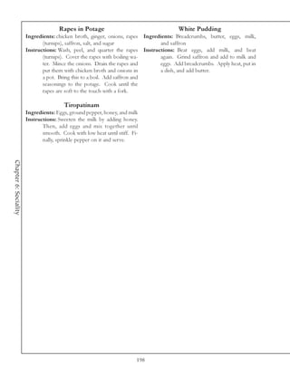 Rapes in Potage                                   White Pudding
                       Ingredients: chicken broth, ginger, onions, rapes Ingredients: Breadcrumbs, butter, eggs, milk,
                              (turnips), saffron, salt, and sugar              and saffron
                       Instructions: Wash, peel, and quarter the rapes Instructions: Beat eggs, add milk, and beat
                              (turnips). Cover the rapes with boiling wa-      again. Grind saffron and add to milk and
                              ter. Mince the onions. Drain the rapes and       eggs. Add breadcrumbs. Apply heat, put in
                              put them with chicken broth and onions in        a dish, and add butter.
                              a pot. Bring this to a boil. Add saffron and
                              seasonings to the potage. Cook until the
                              rapes are soft to the touch with a fork.

                                        Tiropatinam
                       Ingredients: Eggs, ground pepper, honey, and milk
                       Instructions: Sweeten the milk by adding honey.
                              Then, add eggs and mix together until
                              smooth. Cook with low heat until stiff. Fi-
                              nally, sprinkle pepper on it and serve.
Chapter 6: Sociality




                                                                        198
 