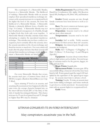 The counterpart of a Memorable Murder,                              Ability Requirements: Physical Fitness 105,
                        however, is a Memorable Mistake. The likelihood                     Hand-Eye Coordination 110, Agility 110, Reaction
                        of making a Memorable Mistake while an assassin                     Speed 105, Intelligence 85, Drive 105, and Intuition
                        employs their specialized murderous technique de-                   105.
                        creases as the assassin increases in occupational level;                     Gender: Female assassins are rare, though
                        the higher the level of the assassin, the lower the                 female courtesans have been known to work as as-
                        likelihood of a Memorable Mistake. A Memorable                      sassins.
                        Mistake is distinctly different from a Fumble (see                           Race: The most common are human; ogres
                        Chap. 10: Combat). A Memorable Mistake may not                      are too stupid to plan an assassination.
                        have the physical consequences of a Fumble, though                           Disposition: Assassins tend to be ethical
                        at higher levels they both only occur together. A                   and are most often immoral.
                        Memorable Mistake is literally a mistake made when                           Temperament: Assassins tend to be mel-
                        attempting to employ the specialized murderous                      ancholic.
                        technique. This mistake may not have combat con-                             Sociality: Serf or noble. Noble assassins
                        sequences, but it certainly affects the assassin, since             are paid more for their services than serf assassins.
                        the assassin specializes in the chosen technique and                         Religion: Any immoral god, though some
                        therefore invests so much in it. For every attack roll              assassins are irreligious.
                        made after the player declares that their assassin will                      Skills: Aim + 3, Disguise + 3, Haggling + 3,
                        attempt their murderous technique, results that con-                Hide + 3, Silence + 3, Toxicology + 5, and 1 Weapon
Chapter 7: Occupation




                        stitute a Memorable Mistake are listed below:                       (Specific).
                                                                                                     Equipment: Assassins always restrict them-
                                       Me m orable Mis take                                 selves to light armor, such as leather. Favored weap-
                         Le ve l of A s s as s in Unm odifie d A ttac k Roll N e e de d     ons of assassins tend to be the garrote, dagger, sti-
                                  2 -5                             9
                                  6 -8                             6                        letto, and any bow.
                                   9                               4                                 Magic Points: Inapplicable.
                                  >9                               3                                 Advancement Points: Assassins gain AP by
                                                                                            successfully killing a character whom they have been
                                                                                            hired to kill. Points gained equal the target’s LP mul-
                                 For every Memorable Mistake that occurs,
                                                                                            tiplied by the equivalent of the agreed-upon wages
                        the assassin must pass a Common Sense check at
                                                                                            in s.p. An assassin must train to advance a level.
                        TH 10 or acquire a Random Mental Illness (see Chap.
                                                                                                     Training: 3 weeks. To train, an assassin must
                        5: Mind).
                                                                                            learn better killing techniques and better methods
                                 Upon attaining 3rd level as an assassin, and
                                                                                            to get close to a victim unnoticed. An assassin must
                        assuming all assassinations have happened within the
                                                                                            train with an assassin higher in occupational level.
                        same town, the average character bumped into on
                                                                                                     Guild: None.
                        the street will have heard (20% of the time) of the
                        style of murder becoming problematic. This chance
                        increases by 5% per level gained beyond 3rd, though
                        no higher than 90% may be obtained.




                                      UTINAM.CONUIRATI.TE.IN.FORO.INTERFICIANT

                                            May conspirators assasinate you in the hall.

                                                                                          210
 