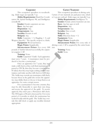 Carpenter                                            Carter/Teamster
         This occupation specializes in woodwork-                  This occupation specializes in driving carts.
ing. Daily wages are typically 7 s.p.                    Carters of raw materials are paid piece-rate, which
         Ability Requirements: Hand-Eye Coordi-          is 1 s.p. per cartload. Daily wages are typically 5 s.p.
nation 90, Spatial Intelligence 90, and Intelligence               Ability Requirements: Intelligence 75.
(overall) 80.                                                      Gender: Female carters/teamsters are rare.
         Gender: Female carpenters are rare.                       Race: Any but ogre or troll.
         Race: Any but ogre.                                       Disposition: Any.
         Disposition: Any.                                         Temperament: Any.
         Temperament: Any.                                         Sociality: Slave or serf.
         Sociality: Peasant or serf.                               Religion: Any.
         Religion: Any.                                            Skills: Direction Sense + 3.
         Skills: Carpentry + 5, Haggling + 3, and                  Equipment: None.
Weapon (Specific). The specific weapon is a knife.                 Magic Points: Inapplicable.
         Equipment: Wood and knives.                               Advancement Points: For every mile of
         Magic Points: Inapplicable.                     driving a cart, 1 AP is acquired by the carter/team-
         Advancement Points: For every 100               ster.
pounds of lumber labored successfully, the carpen-                 Training: None.
ter acquires 1 AP.                                                 Guild: None.




                                                                                                                    Chapter 7: Occupation
         Training: None.
         Guild: Carpenters’ Guild. Each apprentice
must serve 7 years. A masterpiece must be pro-
duced to become a journeyman.
         Once an apprentice for 7 years, they may
make a skill check as they craft their masterpiece. If
passed at TH 36, then they become a journeyman.
If failed, then they may begin crafting another mas-
terpiece and make another skill check in 1d10 days.
The Aedile may overrule any masterpiece skill check,
because those in the guild who review the appren-
tice may dislike them or choose to keep them as an
apprentice for some corrupt reason.
         For a journeyman to become a master, they
must be able financially to open their own shop,
and receive the approval of the guild. To receive
approval, they must pass a Persuasion skill check.
The TH begins at 30 and is decreased by 1 for every
period of 6 months in which the journeyman has
worked locally with the guild. The Aedile may over-
rule this skill check or apply any modifier deemed
appropriate.




                                                     225
 