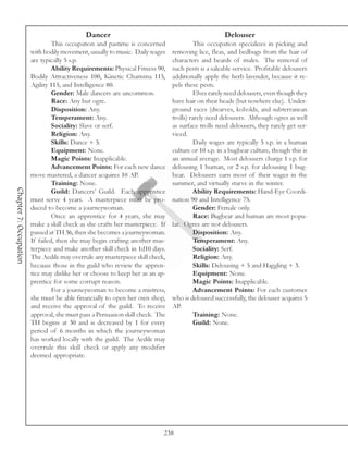 Dancer                                                  Delouser
                                 This occupation and pastime is concerned                 This occupation specializes in picking and
                        with bodily movement, usually to music. Daily wages     removing lice, fleas, and bedbugs from the hair of
                        are typically 5 s.p.                                    characters and beards of males. The removal of
                                 Ability Requirements: Physical Fitness 90,     such pests is a saleable service. Profitable delousers
                        Bodily Attractiveness 100, Kinetic Charisma 115,        additionally apply the herb lavender, because it re-
                        Agility 115, and Intelligence 80.                       pels these pests.
                                 Gender: Male dancers are uncommon.                       Elves rarely need delousers, even though they
                                 Race: Any but ogre.                            have hair on their heads (but nowhere else). Under-
                                 Disposition: Any.                              ground races (dwarves, kobolds, and subterranean
                                 Temperament: Any.                              trolls) rarely need delousers. Although ogres as well
                                 Sociality: Slave or serf.                      as surface trolls need delousers, they rarely get ser-
                                 Religion: Any.                                 viced.
                                 Skills: Dance + 5.                                       Daily wages are typically 5 s.p. in a human
                                 Equipment: None.                               culture or 10 s.p. in a bugbear culture, though this is
                                 Magic Points: Inapplicable.                    an annual average. Most delousers charge 1 s.p. for
                                 Advancement Points: For each new dance         delousing 1 human, or 2 s.p. for delousing 1 bug-
                        move mastered, a dancer acquires 10 AP.                 bear. Delousers earn most of their wages in the
                                 Training: None.                                summer, and virtually starve in the winter.
Chapter 7: Occupation




                                 Guild: Dancers’ Guild. Each apprentice                   Ability Requirements: Hand-Eye Coordi-
                        must serve 4 years. A masterpiece must be pro-          nation 90 and Intelligence 75.
                        duced to become a journeywoman.                                   Gender: Female only.
                                 Once an apprentice for 4 years, she may                  Race: Bugbear and human are most popu-
                        make a skill check as she crafts her masterpiece. If    lar. Ogres are not delousers.
                        passed at TH 36, then she becomes a journeywoman.                 Disposition: Any.
                        If failed, then she may begin crafting another mas-               Temperament: Any.
                        terpiece and make another skill check in 1d10 days.               Sociality: Serf.
                        The Aedile may overrule any masterpiece skill check,              Religion: Any.
                        because those in the guild who review the appren-                 Skills: Delousing + 5 and Haggling + 3.
                        tice may dislike her or choose to keep her as an ap-              Equipment: None.
                        prentice for some corrupt reason.                                 Magic Points: Inapplicable.
                                 For a journeywoman to become a mistress,                 Advancement Points: For each customer
                        she must be able financially to open her own shop,      who is deloused successfully, the delouser acquires 5
                        and receive the approval of the guild. To receive       AP.
                        approval, she must pass a Persuasion skill check. The             Training: None.
                        TH begins at 30 and is decreased by 1 for every                   Guild: None.
                        period of 6 months in which the journeywoman
                        has worked locally with the guild. The Aedile may
                        overrule this skill check or apply any modifier
                        deemed appropriate.




                                                                            238
 