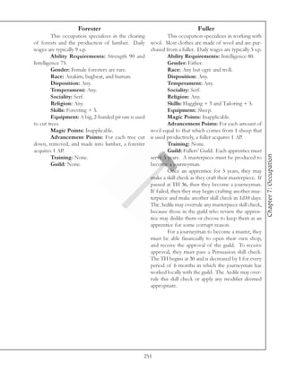 Forester                                                  Fuller
         This occupation specializes in the clearing            This occupation specializes in working with
of forests and the production of lumber. Daily         wool. Most clothes are made of wool and are pur-
wages are typically 9 s.p.                             chased from a fuller. Daily wages are typically 5 s.p.
         Ability Requirements: Strength 90 and                  Ability Requirements: Intelligence 80.
Intelligence 75.                                                Gender: Either.
         Gender: Female foresters are rare.                     Race: Any but ogre and troll.
         Race: Anakim, bugbear, and human.                      Disposition: Any.
         Disposition: Any.                                      Temperament: Any.
         Temperament: Any.                                      Sociality: Serf.
         Sociality: Serf.                                       Religion: Any.
         Religion: Any.                                         Skills: Haggling + 3 and Tailoring + 5.
         Skills: Foresting + 5.                                 Equipment: Sheep.
         Equipment: A big, 2-handed pit saw is used             Magic Points: Inapplicable.
to cut trees.                                                   Advancement Points: For each amount of
         Magic Points: Inapplicable.                   wool equal to that which comes from 1 sheep that
         Advancement Points: For each tree cut         is used productively, a fuller acquires 1 AP.
down, removed, and made into lumber, a forester                 Training: None.
acquires 1 AP.                                                  Guild: Fullers’ Guild. Each apprentice must




                                                                                                                Chapter 7: Occupation
         Training: None.                               serve 5 years. A masterpiece must be produced to
         Guild: None.                                  become a journeyman.
                                                                Once an apprentice for 5 years, they may
                                                       make a skill check as they craft their masterpiece. If
                                                       passed at TH 36, then they become a journeyman.
                                                       If failed, then they may begin crafting another mas-
                                                       terpiece and make another skill check in 1d10 days.
                                                       The Aedile may overrule any masterpiece skill check,
                                                       because those in the guild who review the appren-
                                                       tice may dislike them or choose to keep them as an
                                                       apprentice for some corrupt reason.
                                                                For a journeyman to become a master, they
                                                       must be able financially to open their own shop,
                                                       and receive the approval of the guild. To receive
                                                       approval, they must pass a Persuasion skill check.
                                                       The TH begins at 30 and is decreased by 1 for every
                                                       period of 6 months in which the journeyman has
                                                       worked locally with the guild. The Aedile may over-
                                                       rule this skill check or apply any modifier deemed
                                                       appropriate.




                                                   251
 