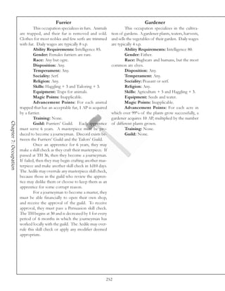 Furrier                                                Gardener
                                 This occupation specializes in furs. Animals             This occupation specializes in the cultiva-
                        are trapped, and their fur is removed and sold.          tion of gardens. A gardener plants, waters, harvests,
                        Clothes for most nobles and few serfs are trimmed        and sells the vegetables of their garden. Daily wages
                        with fur. Daily wages are typically 8 s.p.               are typically 4 s.p.
                                 Ability Requirements: Intelligence 85.                   Ability Requirements: Intelligence 80.
                                 Gender: Females furriers are rare.                       Gender: Either.
                                 Race: Any but ogre.                                      Race: Bugbears and humans, but the most
                                 Disposition: Any.                               common are elves.
                                 Temperament: Any.                                        Disposition: Any.
                                 Sociality: Serf.                                         Temperament: Any.
                                 Religion: Any.                                           Sociality: Peasant or serf.
                                 Skills: Haggling + 3 and Tailoring + 3.                  Religion: Any.
                                 Equipment: Traps for animals.                            Skills: Agriculture + 5 and Haggling + 3.
                                 Magic Points: Inapplicable.                              Equipment: Seeds and water.
                                 Advancement Points: For each animal                      Magic Points: Inapplicable.
                        trapped that has an acceptable fur, 1 AP is acquired              Advancement Points: For each acre in
                        by a furrier.                                            which over 99% of the plants grow successfully, a
                                 Training: None.                                 gardener acquires 10 AP, multiplied by the number
Chapter 7: Occupation




                                 Guild: Furriers’ Guild. Each apprentice         of different plants grown.
                        must serve 6 years. A masterpiece must be pro-                    Training: None.
                        duced to become a journeyman. Discord exists be-                  Guild: None.
                        tween the Furriers’ Guild and the Tailors’ Guild.
                                 Once an apprentice for 6 years, they may
                        make a skill check as they craft their masterpiece. If
                        passed at TH 36, then they become a journeyman.
                        If failed, then they may begin crafting another mas-
                        terpiece and make another skill check in 1d10 days.
                        The Aedile may overrule any masterpiece skill check,
                        because those in the guild who review the appren-
                        tice may dislike them or choose to keep them as an
                        apprentice for some corrupt reason.
                                 For a journeyman to become a master, they
                        must be able financially to open their own shop,
                        and receive the approval of the guild. To receive
                        approval, they must pass a Persuasion skill check.
                        The TH begins at 30 and is decreased by 1 for every
                        period of 6 months in which the journeyman has
                        worked locally with the guild. The Aedile may over-
                        rule this skill check or apply any modifier deemed
                        appropriate.




                                                                             252
 