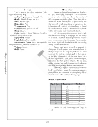 Hewer                                                  Hierophant
                               This occupation specializes in digging. Daily            Priests are those who have devoted their lives
                        wages are typically 4 s.p.                             to a god, philosophy, or religion. The occupation
                               Ability Requirements: Strength 100.             of a priest is the most diverse due to the number of
                               Gender: Female hewers are rare.                 different gods and philosophies. Therefore, priests
                               Race: Any but ogre.                             are unable to be standardized or generalized, and
                               Disposition: Any.                               they are only briefly introduced here; most of the
                               Temperament: Any.                               information relevant to a priesthood may be found
                               Sociality: Slave, peasant, or serf.             in Neveria (Fantasy World). 2 main classes of priests
                               Religion: Any.                                  will be introduced: hierophants and druids.
                               Skills: Hewing + 5 and Weapon (Specific).                All priests must meet minimum score requi-
                        The specific weapon is a shovel.                       sites in the sub-ability of Language and the ability
                               Equipment: Shovel.                              of Wisdom. Further, these requirements become
                               Magic Points: Inapplicable.                     more stringent as spell level increases. Hence, a priest
                               Advancement Points: For each successfully       may attain high levels, but be limited in spellcasting
                        completed project, a hewer acquires 1 AP.              ability. See the table below.
                               Training: None.                                          Priests gain access to spells as granted by
                               Guild: None.                                    their gods. Usually, priests have dreams induced by
                                                                               their god regarding the proper ingredients and ritual
Chapter 7: Occupation




                                                                               necessary for casting a certain spell, or they are in-
                                                                               structed by other priests of the same faith. If a
                                                                               chant is required for a spell, priests speak in tongues,
                                                                               influenced by their god or religion. In any case,
                                                                               priests may cast any spells from their god as long as
                                                                               they have enough Magic Points at the moment.
                                                                                        Similarly, as a priest advances in occupational
                                                                               level, provided they meet the minimum requisites
                                                                               per spell level, their odds of increasing in spell level
                                                                               are noted on a table on the following page.

                                                                               Ability Requirements

                                                                                   Spe ll Le ve l    Language         Wis dom
                                                                                          1               90              100
                                                                                          2               95              105
                                                                                          3              100              110
                                                                                          4              105              115
                                                                                          5              110              120
                                                                                          6              115              125
                                                                                          7              120              130
                                                                                          8              125              135
                                                                                          9              130              140
                                                                                          10             135              145

                                                                                         Priests cast only chaos magic (see Chap. 11:
                                                                               Magic).




                                                                           260
 