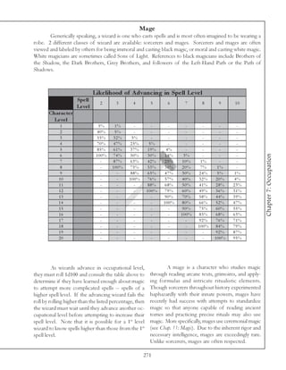 Mage
       Generically speaking, a wizard is one who casts spells and is most often imagined to be wearing a
robe. 2 different classes of wizard are available: sorcerers and mages. Sorcerers and mages are often
viewed and labeled by others for being immoral and casting black magic, or moral and casting white magic.
White magicians are sometimes called Sons of Light. References to black magicians include Brothers of
the Shadow, the Dark Brothers, Grey Brothers, and followers of the Left-Hand Path or the Path of
Shadows.



                               Like lihood of A dvanc ing in Spe ll Le ve l
                     Spe ll
                                 2       3       4         5       6       7       8       9      10
                     Le ve l
       Charac te r
         Le ve l
             1                   5%     1%       -          -      -       -       -       -        -
             2                   40%    5%       -          -      -       -       -       -        -
             3                   55%   32%      5%          -      -       -       -       -        -
            4                    70%   47%     25%         5%      -       -       -       -        -
             5                   85%   61%     37%         19%    4%       -       -       -        -




                                                                                                                  Chapter 7: Occupation
             6                  100%   74%     50%         30%   14%      3%       -       -        -
             7                    -    87%     63%         42%   25%     10%      1%       -        -
             8                    -    100%     75%        53%   36%     20%      7%      1%        -
             9                    -      -      88%        65%   47%     30%     24%      5%       1%
            10                    -      -     100%        76%   57%     40%     32%     20%       4%
            11                    -      -       -         88%   68%     50%     41%     28%      23%
            12                    -      -       -        100%   79%     60%     49%     36%      31%
            13                    -      -       -          -     90%    70%     58%     44%      39%
            14                    -      -       -          -    100%    80%     66%     52%      47%
            15                    -      -       -          -      -     90%     75%     60%      55%
            16                    -      -       -          -      -     100%     83%    68%      63%
            17                    -      -       -          -      -       -      92%    76%      71%
            18                    -      -       -          -      -       -     100%    84%      79%
            19                    -      -       -          -      -       -       -     92%      87%
            20                    -      -       -          -      -       -       -     100%     95%




         As wizards advance in occupational level,                 A mage is a character who studies magic
they must roll 1d100 and consult the table above to        through reading arcane texts, grimoires, and apply-
determine if they have learned enough about magic          ing formulas and intricate ritualistic elements.
to attempt more complicated spells -- spells of a          Though sorcerers throughout history experimented
higher spell level. If the advancing wizard fails the      haphazardly with their innate powers, mages have
roll by rolling higher than the listed percentage, then    recently had success with attempts to standardize
the wizard must wait until they advance another oc-        magic so that anyone capable of reading ancient
cupational level before attempting to increase their       tomes and practicing precise rituals may also use
spell level. Note that it is possible for a 1st level      magic. More specifically, mages use ceremonial magic
wizard to know spells higher than those from the 1st       (see Chap. 11: Magic). Due to the inherent rigor and
spell level.                                               necessary intelligence, mages are exceedingly rare.
                                                           Unlike sorcerers, mages are often respected.

                                                      271
 