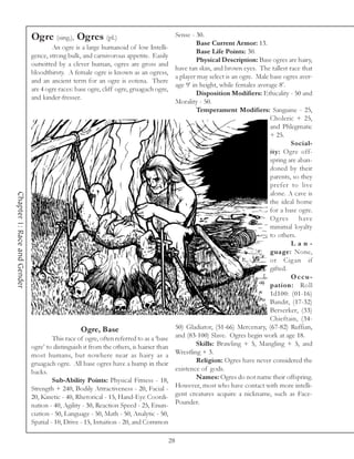 Ogre (sing.), Ogres (pl.)                                       Sense - 30.
                                                                                                      Base Current Armor: 13.
                                     An ogre is a large humanoid of low Intelli-
                                                                                                      Base Life Points: 30.
                             gence, strong bulk, and carnivorous appetite. Easily
                                                                                                      Physical Description: Base ogres are hairy,
                             outwitted by a clever human, ogres are gross and
                                                                                             have tan skin, and brown eyes. The tallest race that
                             bloodthirsty. A female ogre is known as an ogress,
                                                                                             a player may select is an ogre. Male base ogres aver-
                             and an ancient term for an ogre is eotena. There
                                                                                             age 9’ in height, while females average 8’.
                             are 4 ogre races: base ogre, cliff ogre, gruagach ogre,
                                                                                                      Disposition Modifiers: Ethicality - 50 and
                             and kinder-fresser.
                                                                                             Morality - 50.
                                                                                                      Temperament Modifiers: Sanguine - 25,
                                                                                                                                  Choleric + 25,
                                                                                                                                  and Phlegmatic
                                                                                                                                  + 25.
                                                                                                                                          Social-
                                                                                                                                  ity: Ogre off-
                                                                                                                                  spring are aban-
                                                                                                                                  doned by their
                                                                                                                                  parents, so they
                                                                                                                                  prefer to live
                                                                                                                                  alone. A cave is
Chapter 1: Race and Gender




                                                                                                                                  the ideal home
                                                                                                                                  for a base ogre.
                                                                                                                                  Ogres      have
                                                                                                                                  minimal loyalty
                                                                                                                                  to others.
                                                                                                                                          Lan-
                                                                                                                                  guage: None,
                                                                                                                                  or Cigan if
                                                                                                                                  gifted.
                                                                                                                                          Occu-
                                                                                                                                  pation: Roll
                                                                                                                                  1d100: (01-16)
                                                                                                                                  Bandit, (17-32)
                                                                                                                                  Berserker, (33)
                                                                                                                                  Chieftain, (34-
                                                 Ogre, Base                                  50) Gladiator, (51-66) Mercenary, (67-82) Ruffian,
                                      This race of ogre, often referred to as a ‘base        and (83-100) Slave. Ogres begin work at age 18.
                             ogre’ to distinguish it from the others, is hairier than                 Skills: Brawling + 5, Mangling + 5, and
                             most humans, but nowhere near as hairy as a                     Wrestling + 3.
                             gruagach ogre. All base ogres have a hump in their                       Religion: Ogres have never considered the
                             backs.                                                          existence of gods.
                                      Sub-Ability Points: Physical Fitness - 18,                      Names: Ogres do not name their offspring.
                             Strength + 240, Bodily Attractiveness - 20, Facial -            However, most who have contact with more intelli-
                             20, Kinetic - 40, Rhetorical - 15, Hand-Eye Coordi-             gent creatures acquire a nickname, such as Face-
                             nation - 40, Agility - 30, Reaction Speed - 25, Enun-           Pounder.
                             ciation - 50, Language - 50, Math - 50, Analytic - 50,
                             Spatial - 10, Drive - 15, Intuition - 20, and Common

                                                                                        28
 
