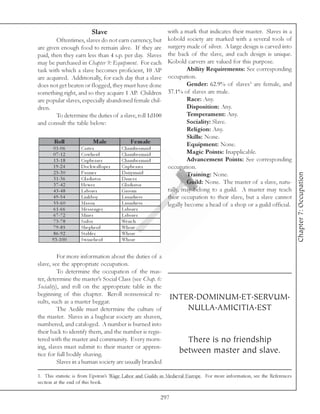 Slave                               with a mark that indicates their master. Slaves in a
        Oftentimes, slaves do not earn currency, but          kobold society are marked with a several tools of
are given enough food to remain alive. If they are            surgery made of silver. A large design is carved into
paid, then they earn less than 4 s.p. per day. Slaves         the back of the slave, and each design is unique.
may be purchased in Chapter 9: Equipment. For each            Kobold carvers are valued for this purpose.
task with which a slave becomes proficient, 10 AP                      Ability Requirements: See corresponding
are acquired. Additionally, for each day that a slave         occupation.
does not get beaten or flogged, they must have done                    Gender: 62.9% of slaves1 are female, and
something right, and so they acquire 1 AP. Children           37.1% of slaves are male.
are popular slaves, especially abandoned female chil-                  Race: Any.
dren.                                                                  Disposition: Any.
        To determine the duties of a slave, roll 1d100                 Temperament: Any.
and consult the table below:                                           Sociality: Slave.
                                                                       Religion: Any.
                                                                       Skills: None.
       Roll                Male              Fe m ale                  Equipment: None.
       0 1 -0 6     Ca rte r             Cha mbe r ma i d
       0 7 -1 2     Cowhe rd             Cha mbe r ma i d              Magic Points: Inapplicable.
       1 3 -1 8     Cupbe a re r         Cha mbe r ma i d              Advancement Points: See corresponding
      1 9 -2 4      Doc k wa l l ope r   Cupbe a re r         occupation.
       2 5 -3 0     Fa r me r            Da i ry ma i d




                                                                                                                         Chapter 7: Occupation
                                                                       Training: None.
       3 1 -3 6     Gl a di a tor        Da nc e r
       3 7 -4 2     He w e r             Gl a di a tor                 Guild: None. The master of a slave, natu-
       4 3 -4 8     La bore r            Groom                rally, may belong to a guild. A master may teach
      4 9 -5 4      Li nk boy            La undre ss          their occupation to their slave, but a slave cannot
       5 5 -6 0     Ma son               La undre ss          legally become a head of a shop or a guild official.
       6 1 -6 6     Me sse nge r         La bore r
       6 7 -7 2     Mi ne r              La bore r
       7 3 -7 8     Sa i l or            We nc h
       7 9 -8 5     She phe rd           Whore
       8 6 -9 2     Sta bl e r           Whore
      9 3 -1 0 0    Swi ne he rd         Whore


          For more information about the duties of a
slave, see the appropriate occupation.
          To determine the occupation of the mas-
ter, determine the master’s Social Class (see Chap. 6:
Sociality), and roll on the appropriate table in the
beginning of this chapter. Reroll nonsensical re-
sults, such as a master beggar.
                                                                  INTER.DOMINUM.ET.SERVUM.
          The Aedile must determine the culture of                    NULLA.AMICITIA.EST
the master. Slaves in a bugbear society are shaven,
numbered, and cataloged. A number is burned into
their back to identify them, and the number is regis-
tered with the master and community. Every morn-                     There is no friendship
ing, slaves must submit to their master or appren-
tice for full bodily shaving.
                                                                   between master and slave.
          Slaves in a human society are usually branded

1. This statistic is from Epstein’s Wage Labor and Guilds in Medieval Europe. For more information, see the References
section at the end of this book.

                                                            297
 