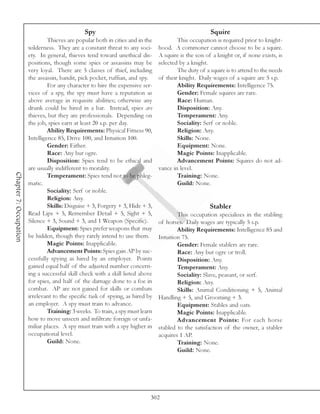 Spy                                                    Squire
                                 Thieves are popular both in cities and in the           This occupation is required prior to knight-
                        wilderness. They are a constant threat to any soci-      hood. A commoner cannot choose to be a squire.
                        ety. In general, thieves tend toward unethical dis-      A squire is the son of a knight or, if none exists, is
                        positions, though some spies or assassins may be         selected by a knight.
                        very loyal. There are 5 classes of thief, including              The duty of a squire is to attend to the needs
                        the assassin, bandit, pick pocket, ruffian, and spy.     of their knight. Daily wages of a squire are 5 s.p.
                                 For any character to hire the expensive ser-            Ability Requirements: Intelligence 75.
                        vices of a spy, the spy must have a reputation as                Gender: Female squires are rare.
                        above average in requisite abilities; otherwise any              Race: Human.
                        drunk could be hired in a bar. Instead, spies are                Disposition: Any.
                        thieves, but they are professionals. Depending on                Temperament: Any.
                        the job, spies earn at least 20 s.p. per day.                    Sociality: Serf or noble.
                                 Ability Requirements: Physical Fitness 90,              Religion: Any.
                        Intelligence 85, Drive 100, and Intuition 100.                   Skills: None.
                                 Gender: Either.                                         Equipment: None.
                                 Race: Any but ogre.                                     Magic Points: Inapplicable.
                                 Disposition: Spies tend to be ethical and               Advancement Points: Squires do not ad-
                        are usually indifferent to morality.                     vance in level.
Chapter 7: Occupation




                                 Temperament: Spies tend not to be phleg-                Training: None.
                        matic.                                                           Guild: None.
                                 Sociality: Serf or noble.
                                 Religion: Any.
                                 Skills: Disguise + 3, Forgery + 3, Hide + 3,                          Stabler
                        Read Lips + 5, Remember Detail + 5, Sight + 5,                   This occupation specializes in the stabling
                        Silence + 3, Sound + 3, and 1 Weapon (Specific).         of horses. Daily wages are typically 5 s.p.
                                 Equipment: Spies prefer weapons that may                Ability Requirements: Intelligence 85 and
                        be hidden, though they rarely intend to use them.        Intuition 75.
                                 Magic Points: Inapplicable.                             Gender: Female stablers are rare.
                                 Advancement Points: Spies gain AP by suc-               Race: Any but ogre or troll.
                        cessfully spying as hired by an employer. Points                 Disposition: Any.
                        gained equal half of the adjusted number concern-                Temperament: Any.
                        ing a successful skill check with a skill listed above           Sociality: Slave, peasant, or serf.
                        for spies, and half of the damage done to a foe in               Religion: Any.
                        combat. AP are not gained for skills or combats                  Skills: Animal Conditioning + 5, Animal
                        irrelevant to the specific task of spying, as hired by   Handling + 5, and Grooming + 3.
                        an employer. A spy must train to advance.                        Equipment: Stables and oats.
                                 Training: 3 weeks. To train, a spy must learn           Magic Points: Inapplicable.
                        how to move unseen and infiltrate foreign or unfa-               Advancement Points: For each horse
                        miliar places. A spy must train with a spy higher in     stabled to the satisfaction of the owner, a stabler
                        occupational level.                                      acquires 1 AP.
                                 Guild: None.                                            Training: None.
                                                                                         Guild: None.




                                                                             302
 