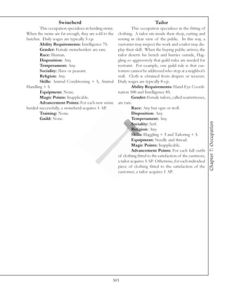 Swineherd                                                  Tailor
       This occupation specializes in herding swine.             This occupation specializes in the fitting of
When the swine are fat enough, they are sold to the    clothing. A tailor sits inside their shop, cutting and
butcher. Daily wages are typically 5 s.p.              sewing in clear view of the public. In this way, a
       Ability Requirements: Intelligence 75.          customer may inspect the work and a tailor may dis-
       Gender: Female swineherders are rare.           play their skill. When the buying public arrives, the
       Race: Human.                                    tailor deserts his bench and hurries outside, Hag-
       Disposition: Any.                               gling so aggressively that guild rules are needed for
       Temperament: Any.                               restraint. For example, one guild rule is that cus-
       Sociality: Slave or peasant.                    tomers cannot be addressed who stop at a neighbor’s
       Religion: Any.                                  stall. Cloth is obtained from drapers or weavers.
       Skills: Animal Conditioning + 5, Animal         Daily wages are typically 8 s.p.
Handling + 5.                                                    Ability Requirements: Hand-Eye Coordi-
       Equipment: None.                                nation 100 and Intelligence 85.
       Magic Points: Inapplicable.                               Gender: Female tailors, called seamstresses,
       Advancement Points: For each new swine          are rare.
herded successfully, a swineherd acquires 1 AP.                  Race: Any but ogre or troll.
       Training: None.                                           Disposition: Any.
       Guild: None.                                              Temperament: Any.




                                                                                                                 Chapter 7: Occupation
                                                                 Sociality: Serf.
                                                                 Religion: Any.
                                                                 Skills: Haggling + 3 and Tailoring + 5.
                                                                 Equipment: Needle and thread.
                                                                 Magic Points: Inapplicable.
                                                                 Advancement Points: For each full outfit
                                                       of clothing fitted to the satisfaction of the custmoer,
                                                       a tailor acquires 5 AP. Otherwise, for each individual
                                                       piece of clothing fitted to the satisfaction of the
                                                       customer, a tailor acquires 1 AP.




                                                   303
 