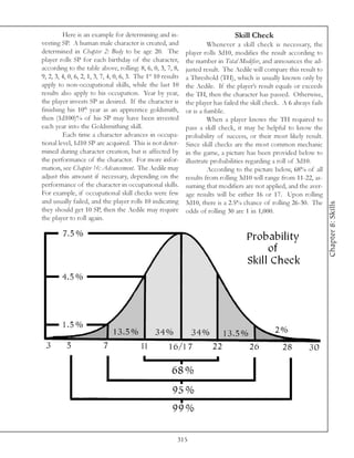 Here is an example for determining and in-                               Skill Check
vesting SP. A human male character is created, and                      Whenever a skill check is necessary, the
determined in Chapter 2: Body to be age 20. The                player rolls 3d10, modifies the result according to
player rolls SP for each birthday of the character,            the number in Total Modifier, and announces the ad-
according to the table above, rolling: 8, 6, 0, 3, 7, 8,       justed result. The Aedile will compare this result to
9, 2, 3, 4, 0, 6, 2, 1, 3, 7, 4, 0, 6, 3. The 1st 10 results   a Threshold (TH), which is usually known only by
apply to non-occupational skills, while the last 10            the Aedile. If the player’s result equals or exceeds
results also apply to his occupation. Year by year,            the TH, then the character has passed. Otherwise,
the player invests SP as desired. If the character is          the player has failed the skill check. A 6 always fails
finishing his 10th year as an apprentice goldsmith,            or is a fumble.
then (1d100)% of his SP may have been invested                          When a player knows the TH required to
each year into the Goldsmithing skill.                         pass a skill check, it may be helpful to know the
         Each time a character advances in occupa-             probability of success, or their most likely result.
tional level, 1d10 SP are acquired. This is not deter-         Since skill checks are the most common mechanic
mined during character creation, but is affected by            in the game, a picture has been provided below to
the performance of the character. For more infor-              illustrate probabilities regarding a roll of 3d10.
mation, see Chapter 16: Advancement. The Aedile may                     According to the picture below, 68% of all
adjust this amount if necessary, depending on the              results from rolling 3d10 will range from 11-22, as-
performance of the character in occupational skills.           suming that modifiers are not applied, and the aver-
For example, if occupational skill checks were few             age results will be either 16 or 17. Upon rolling
and usually failed, and the player rolls 10 indicating         3d10, there is a 2.5% chance of rolling 26-30. The




                                                                                                                         Chapter 8: Skills
they should get 10 SP, then the Aedile may require             odds of rolling 30 are 1 in 1,000.
the player to roll again.




                                                           315
 