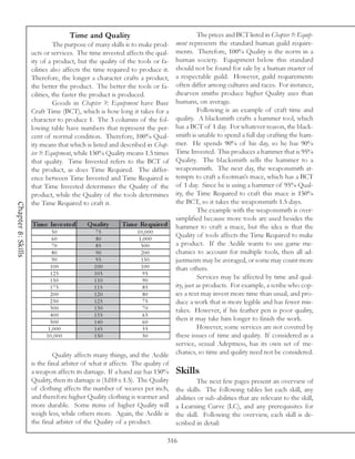 Time and Quality                                     The prices and BCT listed in Chapter 9: Equip-
                              The purpose of many skills is to make prod-     ment represents the standard human guild require-
                    ucts or services. The time invested affects the qual-     ments. Therefore, 100% Quality is the norm in a
                    ity of a product, but the quality of the tools or fa-     human society. Equipment below this standard
                    cilities also affects the time required to produce it.    should not be found for sale by a human master of
                    Therefore, the longer a character crafts a product,       a respectable guild. However, guild requirements
                    the better the product. The better the tools or fa-       often differ among cultures and races. For instance,
                    cilities, the faster the product is produced.             dwarven smiths produce higher Quality axes than
                              Goods in Chapter 9: Equipment have Base         humans, on average.
                    Craft Time (BCT), which is how long it takes for a                  Following is an example of craft time and
                    character to produce 1. The 3 columns of the fol-         quality. A blacksmith crafts a hammer tool, which
                    lowing table have numbers that represent the per-         has a BCT of 1 day. For whatever reason, the black-
                    cent of normal condition. Therefore, 100% Qual-           smith is unable to spend a full day crafting the ham-
                    ity means that which is listed and described in Chap-     mer. He spends 90% of his day, so he has 90%
                    ter 9: Equipment, while 150% Quality means 1.5 times      Time Invested. This produces a hammer that is 95%
                    that quality. Time Invested refers to the BCT of          Quality. The blacksmith sells the hammer to a
                    the product, as does Time Required. The differ-           weaponsmith. The next day, the weaponsmith at-
                    ence between Time Invested and Time Required is           tempts to craft a footman’s mace, which has a BCT
                    that Time Invested determines the Quality of the          of 1 day. Since he is using a hammer of 95% Qual-
                    product, while the Quality of the tools determines        ity, the Time Required to craft this mace is 150%
                    the Time Required to craft it.                            the BCT, so it takes the weaponsmith 1.5 days.
Chapter 8: Skills




                                                                                        The example with the weaponsmith is over-
                                                                              simplified because more tools are used besides the
                    Tim e Inve s te d     Q uality      Tim e Re quire d      hammer to craft a mace, but the idea is that the
                            50               75               10,000
                            60               80               1,000
                                                                              Quality of tools affects the Time Required to make
                            70               85                500            a product. If the Aedile wants to use game me-
                             80              90                200            chanics to account for multiple tools, then all ad-
                             90              95                150            justments may be averaged, or some may count more
                            100              100               100            than others.
                            125              105                95
                            150              110                90
                                                                                        Services may be affected by time and qual-
                            175              115                85            ity, just as products. For example, a scribe who cop-
                            200              120                80            ies a text may invest more time than usual, and pro-
                            250              125                75            duce a work that is more legible and has fewer mis-
                            300              130                70            takes. However, if his feather pen is poor quality,
                            400              135                65
                            500              140                60
                                                                              then it may take him longer to finish the work.
                           1,000             145                55                      However, some services are not covered by
                          10,000             150                50            these issues of time and quality. If considered as a
                                                                              service, sexual Adeptness, has its own set of me-
                             Quality affects many things, and the Aedile      chanics, so time and quality need not be considered.
                    is the final arbiter of what it affects. The quality of
                    a weapon affects its damage. If a hand axe has 150%       Skills
                    Quality, then its damage is (1d10 x 1.5). The Quality              The next few pages present an overview of
                    of clothing affects the number of weaves per inch,        the skills. The following tables list each skill, any
                    and therefore higher Quality clothing is warmer and       abilities or sub-abilities that are relevant to the skill,
                    more durable. Some items of higher Quality will           a Learning Curve (LC), and any prerequisites for
                    weigh less, while others more. Again, the Aedile is       the skill. Following the overview, each skill is de-
                    the final arbiter of the Quality of a product.            scribed in detail:

                                                                          316
 