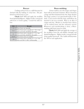 Bowyer                                                   Brass-smithing
        Crafting archery bows is a skill that must be                       A brass-smith is one who forges and shapes
checked with the making of every bow. The pre-                     brass with an anvil and a hammer. Brass is heated in
ferred wood for bows is yew.                                       a forge and then hammered into the shape desired.
        Check: Roll 3d10 and apply the modifier                    The forge consists of an open hearth made of fire-
from Spatial Intelligence. Higher results correspond               brick. Coal is used to fuel the forge, and bellows are
with bows of better quality. Consult the table be-                 inserted to fan air as needed. Brass is an alloy of
low:                                                               copper and zinc. Broken or obsolete brass objects
                                                                   can be melted down and the substance reused.
   TH                             Re s ult                         Whenever such metalworking is done, a Brass-
    <9       The se bows a re unusa bl e                           smithing skill check must be made.
             The se bows i nc ur a pe na l ty of - 1 0 to Ai m              Check: Roll 3d10 and apply the average of
   9 -1 2
             whe n use d; the y shoul d be di sc a rde d
             The se bows i nc ur a pe na l ty of - 5 to Ai m
                                                                   the modifiers from the sub-abilities Strength and
    13                                                             Spatial Intelligence. Higher results correspond with
             whe n use d; the y shoul d be di sc a rde d
  1 4 -2 9   The se bows i nc ur no modi fi e r                    better quality brasswork. The Aedile will determine
             The se bows i nc ur a pe na l ty of + 5 to Ai m       the TH for each application.
   >2 9
             whe n use d due to fi ne c ra ftsma nshi p




                                                                                                                            Chapter 8: Skills




                                                                 327
 
