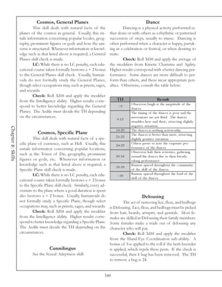 Cosmos, General Planes                                                      Dance
                             This skill deals with natural facts of the               Dancing is a physical activity performed ei-
                    planes of the cosmos in general. Usually, this en-        ther alone or with others as a rhythmic or patterned
                    tails information concerning popular locales, geog-       succession of steps, usually to music. Dancing is
                    raphy, prominent figures or gods and how the uni-         often performed when a character is happy, partak-
                    verse is structured. Whenever information or knowl-       ing in a celebration or festival, or when desiring to
                    edge such as that listed above is required, a General     mate.
                    Planes skill check is made.                                       Check: Roll 3d10 and apply the average of
                             LC: While there is no LC penalty, each edu-      the modifiers from Kinetic Charisma and Agility.
                    cational course taken formally bestows a + 2 bonus        Higher results correspond with a better dancing per-
                    to the General Planes skill check. Usually, human-        formance. Some dances are more difficult to per-
                    oids do not formally study the General Planes,            form than others, and these incur appropriate pen-
                    though select occupations may, such as priests, sages,    alties. Otherwise, consult the table below:
                    and wizards.
                             Check: Roll 3d10 and apply the modifier
                    from the Intelligence ability. Higher results corre-          TH                                 Re s ult
                                                                                            O bse r v e rs l a ugh a t the i ne pti tude of the
                    spond to better knowledge regarding the General                <9
                                                                                            da nc e r.
                    Planes. The Aedile must decide the TH depending                         The ti mi ng of the da nc e r i s poor a nd the
                    on the circumstances.                                                   mov e me nts a re not fl ui d. The da nc e r
                                                                                  9 -1 3
                                                                                            stumbl e s he re a nd the re , a ttra c ti ng sl i ghtl y
                                                                                            ne ga ti v e a tte nti on.
Chapter 8: Skills




                                                                                 1 4 -2 0   The da nc e r i s nothi ng note worthy.
                               Cosmos, Specific Plane                                       The da nc e r i s be tte r tha n most, a ttra c ti ng
                             This skill deals with natural facts of a spe-       2 1 -2 3
                                                                                            sl i ghtl y posi ti v e a tte nti on.
                    cific plane of existence, such as Hell. Usually, this        2 4 -2 9
                                                                                            O the rs pa use to note the e xqui si te pe r-
                    entails information concerning popular locations,                       for ma nc e of the da nc e r.
                                                                                            O bse r v e rs ha l t the i r a c ti v i ti e s, ga the ri ng
                    such as the Tower of Dis, geography, prominent               3 0 -3 4   a round the da nc e r due to the i r bre a th-
                    figures or gods, etc. Whenever information or                           ta k i ng pe rfor ma nc e .
                    knowledge such as that listed above is required, a                      Rumors spre a d throughout the c ommuni ty
                                                                                 3 5 -3 9
                    Specific Plane skill check is made.                                     of the sk i l l of the da nc e r.
                             LC: While there is no LC penalty, each edu-                    Rumors spre a d throughout the l a nd of the
                                                                                  >3 9
                                                                                            sk i l l of the da nc e r.
                    cational course taken formally bestows a + 2 bonus
                    to the Specific Plane skill check. Similarly, every ad-
                    venture to the plane where a good duration is spent
                    also bestows a + 2 bonus. Usually, humanoids do                                   Delousing
                    not formally study a Specific Plane, though select                 The act of removing lice, fleas, and bedbugs
                    occupations may, such as priests, sages, and wizards.     is Delousing. Lice, fleas, and bedbugs must be picked
                             Check: Roll 3d10 and apply the modifier          from hair, beards, armpits, and genitals. Most fe-
                    from the Intelligence ability. Higher results corre-      males are skilled in Delousing their family members.
                    spond to better knowledge regarding a Specific Plane.     Some females make a trade out of delousing any
                    The Aedile must decide the TH depending on the            character who will pay.
                    circumstances.                                                     Check: Roll 3d10 and apply the modifier
                                                                              from the Hand-Eye Coordination sub-ability. A
                                                                              bonus of 5 is applied to the roll if the herb lavender
                                       Cunnilingus                            is applied, which repels these pests. If the check is
                            See the Sexual Adeptness skill.                   successful, then 1 bug has been removed. The TH
                                                                              to remove a bug is 24.


                                                                          340
 
