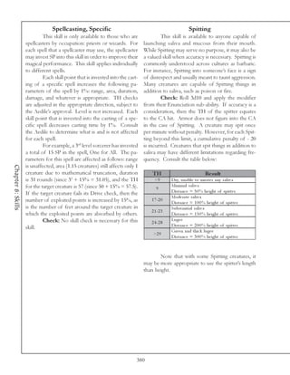 Spellcasting, Specific                                                  Spitting
                             This skill is only available to those who are               This skill is available to anyone capable of
                    spellcasters by occupation: priests or wizards. For         launching saliva and mucous from their mouth.
                    each spell that a spellcaster may use, the spellcaster      While Spitting may serve no purpose, it may also be
                    may invest SP into this skill in order to improve their     a valued skill when accuracy is necessary. Spitting is
                    magical performance. This skill applies individually        commonly understood across cultures as barbaric.
                    to different spells.                                        For instance, Spitting into someone’s face is a sign
                             Each skill point that is invested into the cast-   of disrespect and usually meant to taunt aggression.
                    ing of a specific spell increases the following pa-         Many creatures are capable of Spitting things in
                    rameters of the spell by 1%: range, area, duration,         addition to saliva, such as poison or fire.
                    damage, and whatever is appropriate. TH checks                       Check: Roll 3d10 and apply the modifier
                    are adjusted in the appropriate direction, subject to       from their Enunciation sub-ability. If accuracy is a
                    the Aedile’s approval. Level is not increased. Each         consideration, then the TH of the spitter equates
                    skill point that is invested into the casting of a spe-     to the CA hit. Armor does not figure into the CA
                    cific spell decreases casting time by 1%. Consult           in the case of Spitting. A creature may spit once
                    the Aedile to determine what is and is not affected         per minute without penalty. However, for each Spit-
                    for each spell.                                             ting beyond this limit, a cumulative penalty of - 20
                             For example, a 3rd level sorcerer has invested     is incurred. Creatures that spit things in addition to
                    a total of 15 SP in the spell, One for All. The pa-         saliva may have different limitations regarding fre-
                    rameters for this spell are affected as follows: range      quency. Consult the table below:
                    is unaffected, area (1.15 creatures) still affects only 1
Chapter 8: Skills




                    creature due to mathematical truncation, duration               TH                             Re s ult
                    is 31 rounds (since 33 + 15% = 31.05), and the TH                <9       Dry, una bl e to muste r a ny sa l i v a
                    for the target creature is 57 (since 50 + 15% = 57.5).                    Mi ni ma l sa l i v a
                                                                                      9
                    If the target creature fails its Drive check, then the                    Di sta nc e = 5 0 % he i ght of spi tte r
                                                                                              Mode ra te sa l i v a
                    number of exploited points is increased by 15%, as             1 7 -2 0
                                                                                              Di sta nc e = 1 0 0 % he i ght of spi tte r
                    is the number of feet around the target creature in                       Substa nti a l sa l i v a
                                                                                   2 1 -2 3
                    which the exploited points are absorbed by others.                        Di sta nc e = 1 5 0 % he i ght of spi tte r
                             Check: No skill check is necessary for this                      Luge e
                                                                                   2 4 -2 8
                    skill.                                                                    Di sta nc e = 2 0 0 % he i ght of spi tte r
                                                                                              Gre e n a nd thi c k l uge e
                                                                                    >2 9
                                                                                              Di sta nc e = 3 0 0 % he i ght of spi tte r



                                                                                       Note that with some Spitting creatures, it
                                                                                may be more appropriate to use the spitter’s length
                                                                                than height.




                                                                            380
 
