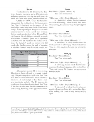Sprint                                                      Sprint
         This fundamental skill determines the dura-             Base Time = (Physical Fitness / 10)
tion a character may move and at different speeds,                      Base Time is in seconds.
including: sprint, run, brisk jog, jog, walk, crawl on
hands and knees, crawl prone, and forced marches.                TH Increase = (301 - Physical Fitness) / 13
         Check: Roll 1d100. Unless the character is                      If a Sprint check is failed, the character must
naked, apply the modifier from the Encumbrance                   decelerate to running. After another Base Time
(see Chap. 9: Equipment) to the number of feet                   while running, this character may attempt to Sprint
sprinted per round listed in the Physical Fitness sub-           again.
ability1. Next, depending on the speed at which the
character desires to move, a check must be made.                                       Run
Various speeds are described below. Though Physi-                Base Time = Physical Fitness
cal Fitness is the sub-ability for this skill, its role is              Base Time is in rounds.
to determine a character’s speed, not to adjust their
skill check rolls. SP invested in this skill do not in-          TH Increase = (301 - Physical Fitness) / 17
crease the character’s speed, but increase only skill                   If a run check is failed, then the character
check rolls. Finally, consider the angle of elevation            must decelerate to a brisk jog. After another Base
at which the character runs; elevation is covered last.          Time at a brisk jog, this character may attempt to
                                                                 run again.
               Spe e d of Move m e nt
       Move m e nt              Pe rc e nt of Sprint Spe e d                        Brisk Jog




                                                                                                                              Chapter 8: Skills
Spri nt                                     100                  Base Time = Physical Fitness
Ru n                                        75                          Base Time is in rounds.
Bri sk Jog                                  65
Jog                                         50
                                                                 TH Increase = (301 - Physical Fitness) / 19
Wa l k                                      25
Cra wl on Ha nds a nd Kne e s               10                           If a brisk jog check is failed, then the char-
Cra wl Prone                                 5                   acter must decelerate to jogging. After another Base
                                                                 Time while jogging, this character may attempt to a
        All characters are only able to move so long.            brisk jog again.
Therefore, a check will need to be made periodi-
cally. The periodicity of the check is the Base Time.                         Jog
Base Time is based on the speed at which a charac- Base Time = Physical Fitness
ter moves. At each multiple of Base Time, a char-             Base Time is in rounds.
acter must make a check. The TH increases de-
pending on the number of multiples of Base Time. TH Increase = (301 - Physical Fitness) / 21
If the check is failed, then the character must decel-        If a jog check is failed, then the character
erate or stop, depending on the type of movement. must decelerate to walking. After another Base Time
                                                       while walking, this character may attempt to jog
                                                       again.




1. According to the Guiness Book of World Records, the fastest sprinter is Donovan Bailey, who is from Canada, ran the 100m
sprint in the 1996 Olympic Games in 9.84 seconds, is 6’ 1”, and 182 lbs. If his speed were converted into F.A.T.A.L. Sprint
speed, Donovan would have a Sprint speed of 99.9’.

                                                               381
 