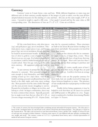 Currency
        Currency1 exists in 2 main forms: coins and bars. While different kingdoms or states may put
different seals on their currency, usually imprints of the images of gods or rulers, over the years all have
adopted identical measures for the minting of coins and bars. All coins are the same weight, 1/8th of an
ounce. 1 pound in weight is equal to 240 coins. A bar equals 1 pound and has the same value as 240
corresponding coins. The dimensions of bars are 3” x 2” x 2”. Coins are as follows:


              Coin                           Equivale nt                     IP: H/P/B           Com m on Us e                  D iam e te r Thic kne s s
 1   gol d pi e c e (g. p. )            2 0 si l v e r pi e c e s (s. p. )     1 /1 /1 5      Nobi l i ty a nd Roy a l ty         1 4 /1 6 "    1 /1 6 ”
 1   e l e c tr um pi e c e (e . p. )   1 0 si l v e r pi e c e s (s. p. )     2 /2 /1 2      Anc i e nt Hoa rds                  1 3 /1 6 "    1 /1 6 ”
 1   si l v e r pi e c e (s. p. )       4 c oppe r pi e c e s (c . p. )        3 /3 /1 0      Sl a v e s, Pe a sa nts, Se rfs     1 2 /1 6 "    1 /1 6 ”
 1   c oppe r pi e c e (c . p. )        4 bronze pi e c e s (b. p. )            4 /4 /8       Anc i e nt Hoa rds                  1 1 /1 6 "    1 /1 6 ”
 1   bronze pi e c e (b. p. )           1 bronze pi e c e (b. p. )             5 /5 /1 0      Anc i e nt Hoa rds                  1 0 /1 6 "    1 /1 6 ”


         Of the coins listed above, only silver pieces                                     may also be a peasant residence. These structures
(s.p.) and gold pieces (g.p.) are in circulation. Elec-                                    are built to last about 20 years before needing to be
trum pieces (e.p.), copper pieces (c.p.), and bronze                                       torn down and rebuilt. Few peasants ever travel far
pieces (b.p.) are not in circulation, though they may                                      from their homes.
be found in ancient treasure hoards. If the propor-                                                 Serfs are free citizens who live in communi-




                                                                                                                                                            Chapter 9: Equipment
tion of silver to gold in a coin is higher than 1/5th,                                     ties equal in size to, or larger than, a town. Those
then it is an e.p., not a g.p. It is believed that all gold                                who own land typically have a long house that may
in circulation could be melted down into an area of                                        average 50’ in length. Most serfs earn less than 1
2 yards cubed. Since few g.p. exist, s.p. is the com-                                      g.p. per day, and use their earnings to purchase and
mon currency. All equipment prices are listed in                                           pay slaves.
s.p.                                                                                                Nobility, of course, usually earns at least 1
         To put currency in perspective, the average                                       g.p. per day, and often more, though they are paid
character is a peasant. Most peasants struggle to                                          most often with s.p. A noble is far from an average
earn enough to feed themselves and their family,                                           character.
earning several s.p. for a day’s labor. Out of the                                                  While coins are the popular currency for
family’s earnings, peasants usually purchase beer and                                      most trade, bars are usually reserved for large pur-
bread as the daily staple, and some enjoy nothing                                          chases between kingdoms or states. The presence
else. Most peasants wear the same clothes through-                                         of bars usually indicates royal property or stolen royal
out the year; poverty means struggling to survive.                                         property.
Peasants live in hamlets or villages, are not free, and                                             Finally, before listing equipment, it may be
belong to a lord. In larger communities, slaves may                                        helpful to note that there are 16 ounces in a pound
be more common than citizens. Typically, peasants                                          and 2,000 pounds or 250 gallons in a ton. Equip-
live in single-room huts that are often 16’ x 12’, or                                      ment is numbered to facilitate determining Plunder
2-room cottages measuring 33’ x 13’. A byrne (barn)                                        in Chapter 14: Treasure.




1. The system of currency has been developed after considering ancient and medieval European currency. The silver piece is
based on the Carolingian denier (d.) and Slovak Grosh, which evolved from the Roman denarius. The gold piece is based on
the Venetian ducat. The other coins are based on coins from ancient Rome, Greece, and the Celts. Samples of at least 45 coins
of each type were averaged to deduce diameter. In history, many aspects of coins differed with time and place, including alloy,
size, weight, and worth. The currency system in F.A.T.A.L. is generalized from history and is a broad representation of
medieval and ancient European currency.

                                                                                     401
 