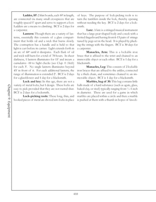 Ladder, 10’: 2 thin boards, each 10’ in length,   of keys. The purpose of lock-picking tools is to
                       are connected via many small crosspieces that are           turn the tumblers inside the lock, thereby opening
                       roughly spaced 1’ apart and serve to support a foot.        without needing the key. BCT is 2 days for a lock-
                       Ladders are a means to climbing. BCT is 2 days for          smith.
                       a carpenter.                                                         Lute: A lute is a stringed musical instrument
                                 Lantern: Though there are a variety of lan-       that has a large pear-shaped body and a neck with a
                       terns, essentially this consists of a glass compart-        fretted fingerboard having from 6-13 pairs of strings
                       ment that holds oil and a wick that burns slowly.           tuned by pegs set in the head. It is played by pluck-
                       The contraption has a handle and is held so that            ing the strings with the fingers. BCT is 30 days for
                       light is cast before its carrier. Light extends forth in    a carpenter.
                       an arc of 60o until it dissipates. Each flask of oil                 Manacles, Arm: This is a lockable iron
                       and wick will burn for a total of 70 hours. In sheer        brace that is affixed to the wrist and chained to an
                       darkness, 1 lantern illuminates for 15’ and incurs a        immovable object or each other. BCT is 1 day for a
                       cumulative -10 to Sight checks (see Chap. 8: Skills)        blacksmith.
                       for each 3’. No single lantern illuminates beyond                    Manacles, Leg: This consists of 2 lockable
                       45’ in front of it. For each additional lantern, the        iron braces that are affixed to the ankles, connected
                       range of illumination is extended 2’. BCT is 2 days         by a thick chain, and sometimes chained to an im-
                       for a glassblower and 1 day for a blacksmith.               movable object. BCT is 1 day for a blacksmith.
                                 Lock and key: In this age, there are not a                 Marbles, bag of 30: This bag contains little
                       variety of metal locks, but 1 design. These locks are       balls made of a hard substance (such as agate, glass,
Chapter 9: Equipment




                       easy to pick provided that they are not rusted shut.        baked clay, or steel) typically ranging from ½-1 inch
                       BCT is 2 days for a locksmith.                              in diameter. These are used for a game in which
                                 Lock-picking tools: These long, thin, and         marbles are placed within a circle and then a marble
                       hooked pieces of metal are shoved into locks in place       is pushed at them with a thumb in hopes of knock-




                                                                               410
 