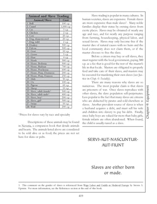 A nim al and Slave Trading                                         Slave-trading is popular in many cultures. In
                A nim al/Slave                  Cos t             human societies, slaves are expensive. Female slaves
       1 . Bu l l                              1 0 0 s. p.        are more expensive than male slaves1. Many noble
       2 . Ca me l                            1 , 0 0 0 s. p.     families display their status by owning slaves from
       3 . Ca t                                   3 s. p.         exotic places. Slaves may be obtained of nearly any
       4 . Chi c k e n                            2 s. p.
                                                                  age and race, and for nearly any purpose ranging
       5 . Cow                                   2 0 s. p.
       6 . Dog, dome sti c a te d                2 0 s. p.        from farming, housekeeping, physical labor, and
       7 . Dog, wi l d                            2 s. p.         sexual favors. Slaves may only become free if the
       8 . Donk e y                            3 0 0 s. p.        master dies of natural causes with no heirs and the
       9 . Fa l c on                           5 0 0 s. p.        local community does not claim them, or if the
       1 0 . Goa t                               1 0 s. p.
                                                                  master chooses to free the slave.
       1 1 . Goose                                5 s. p.
       1 2 . Ha re                                4 s. p.                   Before a citizen may buy or sell slaves, they
       1 3 . Ha w k                            3 0 0 s. p.        must register with the local government, paying 300
       1 4 . Horse , Be doui n                 5 0 0 s. p.        s.p. as a fee that is good for the rest of the master’s
       1 5 . Horse , Bra ba nt                 7 0 0 s. p.        life in that locale. Masters are obligated to properly
       1 6 . Horse , Pe rc he ron              6 0 0 s. p.
       1 7 . Horse , Pony, Da rtmoor           2 0 0 s. p.
                                                                  feed and take care of their slaves, and masters may
       1 8 . Horse , Pony, E xmoor             2 5 0 s. p.        be executed for murdering their own slaves (see Jus-
       1 9 . Mul e                               5 0 s. p.        tice in Chap. 6: Sociality).
       20. Ox                                  1 0 0 s. p.                  There are many reasons why slaves are so
       2 1 . Pi ge on                            6 0 s. p.        numerous. The most popular claim is that slaves




                                                                                                                            Chapter 9: Equipment
       2 2 . She e p                             1 0 s. p.
       2 3 . Sl a v e , a dul t fe ma l e *    5 0 0 s. p.
                                                                  are prisoners of war. Once slaves reproduce with
       2 4 . Sl a v e , a dul t ma l e *       4 0 0 s. p.        other slaves, the slave population self-perpetuates.
       2 5 . Sl a v e , boy *                  2 0 0 s. p.        Less popular is the fact that many slaves are citizens
       2 6 . Sl a v e , gi rl *                3 0 0 s. p.        who are abducted by pirates and sold elsewhere as
       2 7 . Swi ne                              1 0 s. p.        slaves. Another prevalent source of slaves is when
       2 8 . Wol f                             2 0 0 s. p.
                                                                  a husband acquires a debt, and must sell his wife
                                                                  and children into slavery to pay his debt. Finally,
*Prices for slaves vary by race and specialty                     since baby boys are valued far more than baby girls,
                                                                  female infants are often abandoned. When found,
        Descriptions of these animals may be found                the child is usually raised as a slave.
in Neveria, a companion book that details animals
and beasts. The animals listed above are considered
to be sold alive or as food; the prices are not set
here for skins or pelts.
                                                                      SERVI.AUT.NASCUNTUR.
                                                                            AUT.FIUNT



                                                                          Slaves are either born
                                                                                or made.

1. This comment on the gender of slaves is referenced from Wage Labor and Guilds in Medieval Europe by Steven A.
Epstein. For more information, see the References section at the end of this book.

                                                                419
 