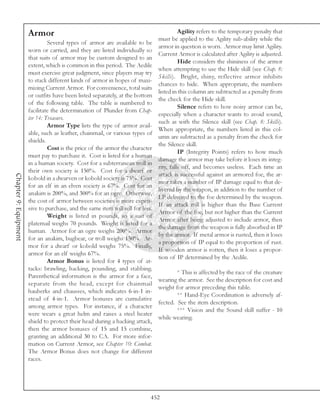 Armor                                                               Agility refers to the temporary penalty that
                                                                                 must be applied to the Agility sub-ability while the
                                Several types of armor are available to be
                                                                                 armor in question is worn. Armor may limit Agility.
                       worn or carried, and they are listed individually so
                                                                                 Current Armor is calculated after Agility is adjusted.
                       that suits of armor may be custom designed to an
                                                                                           Hide considers the shininess of the armor
                       extent, which is common in this period. The Aedile
                                                                                 when attempting to use the Hide skill (see Chap. 8:
                       must exercise great judgment, since players may try
                                                                                 Skills). Bright, shiny, reflective armor inhibits
                       to stack different kinds of armor in hopes of maxi-
                                                                                 chances to hide. When appropriate, the numbers
                       mizing Current Armor. For convenience, total suits
                                                                                 listed in this column are subtracted as a penalty from
                       or outfits have been listed separately, at the bottom
                                                                                 the check for the Hide skill.
                       of the following table. The table is numbered to
                                                                                           Silence refers to how noisy armor can be,
                       facilitate the determination of Plunder from Chap-
                                                                                 especially when a character wants to avoid sound,
                       ter 14: Treasure.
                                                                                 such as with the Silence skill (see Chap. 8: Skills).
                                Armor Type lists the type of armor avail-
                                                                                 When appropriate, the numbers listed in this col-
                       able, such as leather, chainmail, or various types of
                                                                                 umn are subtracted as a penalty from the check for
                       shields.
                                                                                 the Silence skill.
                                Cost is the price of the armor the character
                                                                                           IP (Integrity Points) refers to how much
                       must pay to purchase it. Cost is listed for a human
                                                                                 damage the armor may take before it loses its integ-
                       in a human society. Cost for a subterranean troll in
                                                                                 rity, falls off, and becomes useless. Each time an
                       their own society is 150%. Cost for a dwarf or
                                                                                 attack is successful against an armored foe, the ar-
Chapter 9: Equipment




                       kobold in a dwarven or kobold society is 75%. Cost
                                                                                 mor takes a number of IP damage equal to that de-
                       for an elf in an elven society is 67%. Cost for an
                                                                                 livered by the weapon, in addition to the number of
                       anakim is 200%, and 300% for an ogre. Otherwise,
                                                                                 LP delivered to the foe determined by the weapon.
                       the cost of armor between societies is more expen-
                                                                                 If an attack roll is higher than the Base Current
                       sive to purchase, and the same item will sell for less.
                                                                                 Armor of the foe, but not higher than the Current
                                Weight is listed in pounds, so a suit of
                                                                                 Armor after being adjusted to include armor, then
                       platemail weighs 70 pounds. Weight is listed for a
                                                                                 the damage from the weapon is fully absorbed in IP
                       human. Armor for an ogre weighs 200%. Armor
                                                                                 by the armor. If metal armor is rusted, then it loses
                       for an anakim, bugbear, or troll weighs 150%. Ar-
                                                                                 a proportion of IP equal to the proportion of rust.
                       mor for a dwarf or kobold weighs 75%. Finally,
                                                                                 If wooden armor is rotten, then it loses a propor-
                       armor for an elf weighs 67%.
                                                                                 tion of IP determined by the Aedile.
                                Armor Bonus is listed for 4 types of at-
                       tacks: brawling, hacking, pounding, and stabbing.
                                                                                         * This is affected by the race of the creature
                       Parenthetical information is the armor for a face,
                                                                                 wearing the armor. See the description for cost and
                       separate from the head, except for chainmail
                                                                                 weight for armor preceding this table.
                       hauberks and chausses, which indicates 6-in-1 in-
                                                                                         ** Hand-Eye Coordination is adversely af-
                       stead of 4-in-1. Armor bonuses are cumulative
                                                                                 fected. See the item description.
                       among armor types. For instance, if a character
                                                                                         *** Vision and the Sound skill suffer - 10
                       were wears a great helm and raises a steel heater
                                                                                 while wearing.
                       shield to protect their head during a hacking attack,
                       then the armor bonuses of 15 and 15 combine,
                       granting an additional 30 to CA. For more infor-
                       mation on Current Armor, see Chapter 10: Combat.
                       The Armor Bonus does not change for different
                       races.




                                                                             452
 
