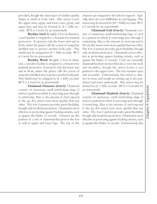 provided, though the inner layer of leather quickly       chausses are strapped to the belt for support. Typi-
begins to smell of body odor. This armor covers           cally, there are over 4,000 links in each legging. This
the upper arms, upper and lower torso, groin, and         armor may be donned in (10 + 1d20) seconds. BCT
upper legs, and may be donned in (5 + 1d8) sec-           is 1 month for an armorsmith.
onds. BCT is 1 week for an armorsmith.                              Chainmail Coif (4-in-1): Chainmail con-
         Buckler, Steel: Roughly 1 foot in diameter,      sists of numerous, small interlocking rings of steel
a steel buckler is strapped to a forearm for minimal      in a pattern in which 4 outer rings pass through 1
protection. It protects only the lower arm and in         central ring. Due to the amount of steel exposed to
front, unless the player calls the action of using that   the air, this armor rusts more quickly than any other.
shielded arm to protect another body part. This           The 4-in-1 pattern provides great flexibility, though
shield may be strapped in (4 + 1d4) seconds. BCT          only moderate protection. Chainmail is most effec-
is 1 week for an armorsmith.                              tive in protecting against hacking attacks, such as
         Buckler, Wood: Roughly 1 foot in diam-           against the blades of swords. Coifs are essentially
eter, a wooden buckler is strapped to a forearm for       chainmail head protection that also covers the neck
minimal protection. It protects only the lower arm        and shoulders, though the armor bonus is not
and in front, unless the player calls the action of       granted to the upper torso. The face remains open
using that shielded arm to protect another body part.     and accessible. Unfortunately, this armor is abra-
This shield may be strapped in (4 + 1d4) seconds.         sive to wear, and usually an arming cap is also pur-
BCT is 1 week for an armorsmith.                          chased and worn underneath. This armor may be
         Chainmail Chausses (4-in-1): Chainmail           donned in (2 + 1d4) seconds. BCT is 1 month for




                                                                                                                    Chapter 9: Equipment
consists of numerous, small interlocking rings of         an armorsmith.
steel in a pattern in which 4 outer rings pass through              Chainmail Hauberk (4-in-1): Chainmail
1 central ring. Due to the amount of steel exposed        consists of numerous, small interlocking rings of
to the air, this armor rusts more quickly than any        steel in a pattern in which 4 outer rings pass through
other. The 4-in-1 pattern provides great flexibility,     1 central ring. Due to the amount of steel exposed
though only moderate protection. Chainmail is most        to the air, this armor rusts more quickly than any
effective in protecting against hacking attacks, such     other. The 4-in-1 pattern provides great flexibility,
as against the blades of swords. Chausses are the         though only moderate protection. Chainmail is most
portion of a suit of chainmail that protect the feet      effective in protecting against hacking attacks, such
as well as upper and lower legs. The top of the           as against the blades of swords. Unfortunately, this




                                                      455
 