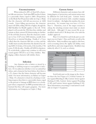 Unconsciousness                                                  Current Armor
                               When reduced to 20% of their LP, a charac-               Different characters and creatures have dif-
                     ter falls unconscious. Each time BPP reaches 0, there     fering degrees of protection, and current armor may
                     is a percentile chance equal to (100 x Proportion)        be different for each body part. Current Armor
                     on the Body Part Proportion table (in Chap. 2: Body)      (CA) represents protection with a number ranging
                     that the character will fall unconscious in 1d10          from 1 to infinity -- the higher the number, the more
                     rounds. Upon falling unconscious, the character           protection. No creature may ever have a CA less
                     must roll 3d10, rolling TH 14 or higher, though the       than 1. Therefore, even if the target creature is
                     Skill Modifier for Health applies to the roll. If the     asleep, the attacking creature must make an attack
                     player’s roll exceeds the TH, then they stabilize and     skill check. Although CA may exceed 30, an un-
                     remain at their current LP, deteriorating no further.     modified attack roll of 30 always hits a foe with the
                     If the roll fails, however, then the character contin-    Aedile’s approval.
                     ues to lose 1 LP every 1d10 minutes, usually from                  Base CA is listed for each body part accord-
                     blood loss or internal bleeding. Finally, if a 3 was      ing to race in Chapter 1: Race and Gender, as well as the
                     rolled, then the character falls into a coma, and the     table below. Many modifiers may apply to this base,
                     Aedile must secretly determine the duration by roll-      such as wearing armor, the Agility sub-ability, some
                     ing 1d10: (1-2) days, (3-4) weeks, (5-6) months, (7-8)    spell effects, and some magical items. Modifiers may
                     years, (9-10) decades. Finally, roll 1d10 for duration.   indirectly affect CA, such as sobriety.
                     To avoid death, a player may continue to roll every
                     round against TH 25 to see if they stabilize. Ban-                       Bas e Cur re nt A r m or
Chapter 10: Combat




                     daging a fallen character will stabilize them.                          Rac e                  Bas e CA
                                                                                 Ana k i m                              11
                                                                                 Bugbe a r                              12
                                                                                 Dwa rf                                 10
                                          Infection                              Elf                                    10
                              Any character who is bitten or struck by a         Huma n                                 10
                     hacking or stabbing weapon is susceptible to infec-         Kobol d                                10
                     tion. If it is unknown whether or not an animal has         O gre                                  13
                                                                                 Trol l                                 14
                     rabies, and a character has been bitten, then there is
                     a 1% chance that the bitten character will become                 Each body part on the image in the charac-
                     rabid. For more information, see Rabies in Chapter        ter sheet also has 4 types of CA listed: Current Ar-
                     2: Body. If a character is struck by a hacking or stab-   mor against Brawling (CAB), Current Armor against
                     bing weapon, then there is a percentile chance equal      Hacking (CAH), Current Armor against Pounding
                     to the percent of damage in BPP done to to a body-        (CAP), and Current Armor against Stabbing (CAS).
                     part when compared to its BPP potential when un-          More information concerning CA and armor is avail-
                     harmed that they will acquire gangrene. For more          able in Chapter 9: Equipment.
                     information, see Gangrene in Chapter 2: Body.




                                                                           468
 