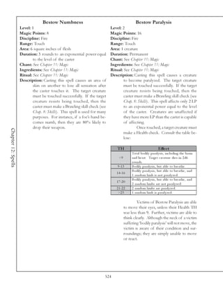 Bestow Numbness                                             Bestow Paralysis
                     Level: 1                                                Level: 2
                     Magic Points: 8                                         Magic Points: 16
                     Discipline: Fire                                        Discipline: Fire
                     Range: Touch                                            Range: Touch
                     Area: 6 square inches of flesh                          Area: 1 creature
                     Duration: 3 rounds to an exponential power equal        Duration: Permanent
                             to the level of the caster                      Chant: See Chapter 11: Magic
                     Chant: See Chapter 11: Magic                            Ingredients: See Chapter 11: Magic
                     Ingredients: See Chapter 11: Magic                      Ritual: See Chapter 11: Magic
                     Ritual: See Chapter 11: Magic                           Description: Casting this spell causes a creature
                     Description: Casting this spell causes an area of               to become paralyzed. The target creature
                             skin on another to lose all sensation after             must be touched successfully. If the target
                             the caster touches it. The target creature              creature resists being touched, then the
                             must be touched successfully. If the target             caster must make a Brawling skill check (see
                             creature resists being touched, then the                Chap. 8: Skills). This spell affects only 2 LP
                             caster must make a Brawling skill check (see            to an exponential power equal to the level
                             Chap. 8: Skills). This spell is used for many           of the caster. Creatures are unaffected if
                             purposes. For instance, if a foe’s hand be-             they have more LP than the caster is capable
                             comes numb, then they are 80% likely to                 of affecting.
                             drop their weapon.                                              Once touched, a target creature must
Chapter 12: Spells




                                                                                     make a Health check. Consult the table be-
                                                                                     low:

                                                                                 TH                                 Effe c t
                                                                                            Tota l bodi l y pa ra l y si s, i nc l udi ng the bra i n
                                                                                  <9        a nd he a rt. Ta rge t c re a ture di e s i n 2 d6
                                                                                            rounds.
                                                                                 9 -1 3     Bodi l y pa ra l y si s, but a bl e to bre a the .
                                                                                            Bodi l y pa ra l y si s, but a bl e to bre a the , a nd
                                                                                1 4 -1 6
                                                                                            1 ra ndom l i mb i s not pa ra l y ze d.
                                                                                            Bodi l y pa ra l y si s, but a bl e to bre a the , a nd
                                                                                1 7 -2 0
                                                                                            2 ra ndom l i mbs a re not pa ra l y ze d.
                                                                                2 1 -2 2    2 ra ndom l i mbs a re pa ra l y ze d.
                                                                                 >2 3       1 ra ndom l i mb i s pa ra l y ze d.

                                                                                               Victims of Bestow Paralysis are able
                                                                                       to move their eyes, unless their Health TH
                                                                                       was less than 9. Further, victims are able to
                                                                                       think clearly. Although the neck of a victim
                                                                                       suffering ‘bodily paralysis’ will not move, the
                                                                                       victim is aware of their condition and sur-
                                                                                       roundings; they are simply unable to move
                                                                                       or react.




                                                                         524
 