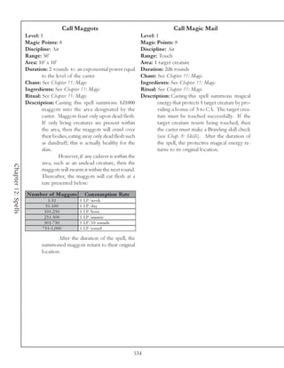 Call Maggots                                    Call Magic Mail
                     Level: 1                                                   Level: 1
                     Magic Points: 8                                            Magic Points: 8
                     Discipline: Air                                            Discipline: Air
                     Range: 50’                                                 Range: Touch
                     Area: 10’ x 10’                                            Area: 1 target creature
                     Duration: 2 rounds to an exponential power equal           Duration: 2d6 rounds
                             to the level of the caster                         Chant: See Chapter 11: Magic
                     Chant: See Chapter 11: Magic                               Ingredients: See Chapter 11: Magic
                     Ingredients: See Chapter 11: Magic                         Ritual: See Chapter 11: Magic
                     Ritual: See Chapter 11: Magic                              Description: Casting this spell summons magical
                     Description: Casting this spell summons 1d1000                     energy that protects 1 target creature by pro-
                             maggots into the area designated by the                    viding a bonus of 5 to CA. The target crea-
                             caster. Maggots feast only upon dead flesh.                ture must be touched successfully. If the
                             If only living creatures are present within                target creature resists being touched, then
                             the area, then the maggots will crawl over                 the caster must make a Brawling skill check
                             their bodies, eating away only dead flesh such             (see Chap. 8: Skills). After the duration of
                             as dandruff; this is actually healthy for the              the spell, the protective magical energy re-
                             skin.                                                      turns to its original location.
                                     However, if any cadaver is within the
                             area, such as an undead creature, then the
Chapter 12: Spells




                             maggots will swarm it within the next round.
                             Thereafter, the maggots will eat flesh at a
                             rate presented below:

                     N um be r of Maggots                Cons um ption Rate
                                 1 -5 1              1   LP/we e k
                               5 1 -1 0 0            1   LP/da y
                              1 0 1 -2 5 0           1   LP/hour
                              2 5 1 -5 0 0           1   LP/mi nute
                              5 0 1 -7 5 0           1   LP/1 0 rounds
                             7 5 1 -1 , 0 0 0        1   LP/round

                                     After the duration of the spell, the
                             summoned maggots return to their original
                             location.




                                                                              534
 